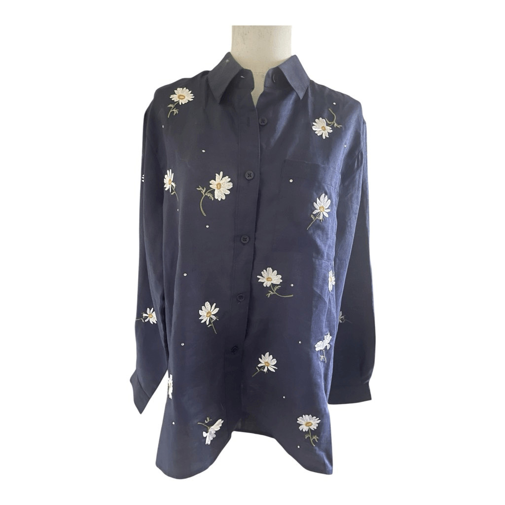 Quacker Factory Blue Linen Floral Button Down Classic Money Blouse Size Small