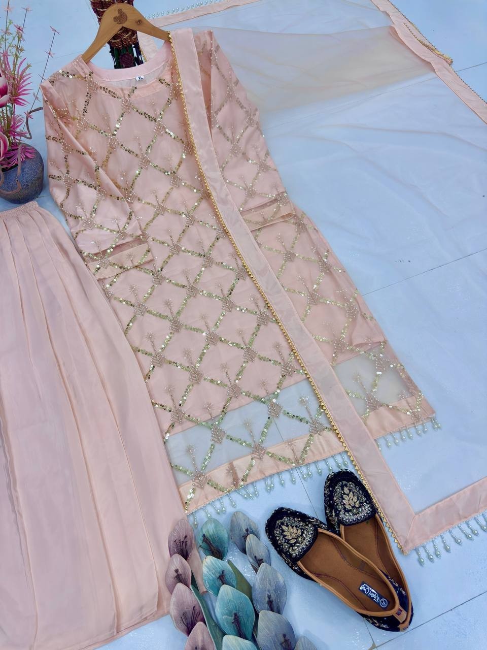 Presenting Soft Net Pink Top Palazzo With Dupatta For Reception Wear