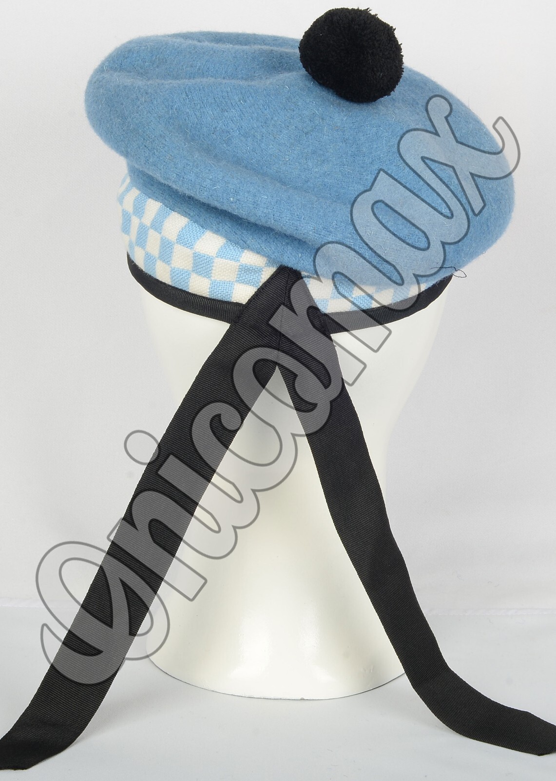 Scottish Balmoral Sky Blue Wool Military Diced Bonnet Hat Highlander Kilt Cap