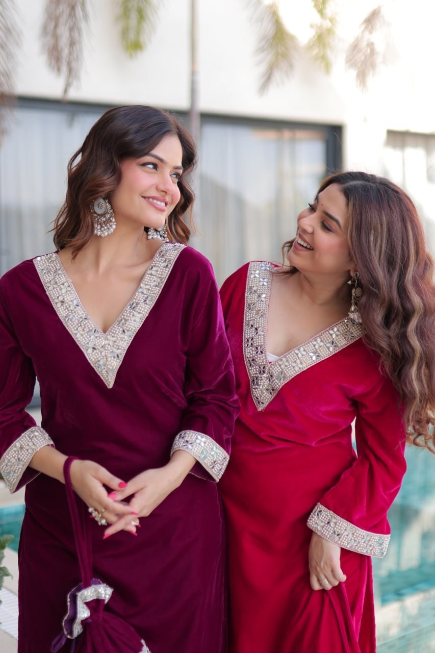 ReadytoWear Velvet Kurti Pant Set | Eid Party Outfit Zari Mirror | S M L XL XXL