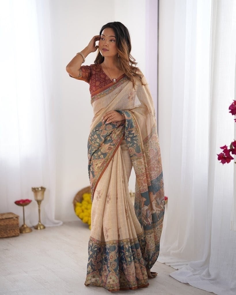 Linen Tissue Silk Saree Designer Party Wear Indian Sari Matching Blouse Piece
