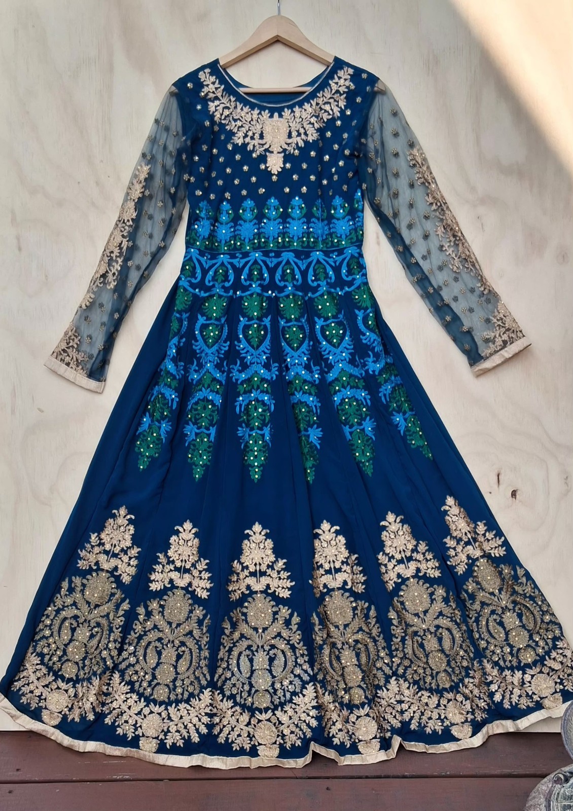 Indian Anarkali Gown Dress S Royal Blue Gold Embroidered Long Sleeve Maxi Party