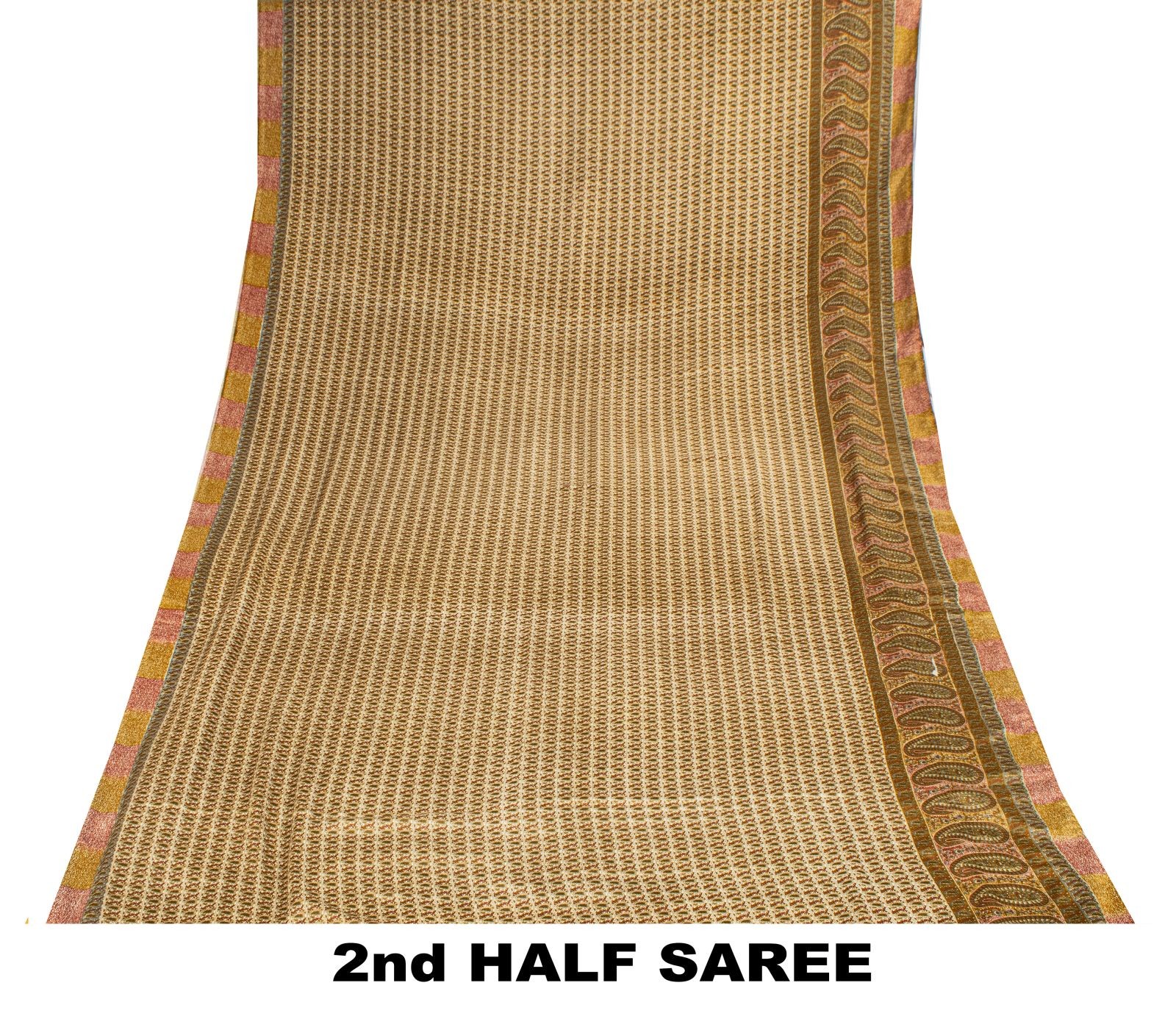 Sanskriti Vintage Cream Soft Moss Crepe Saree Kalamkari Print Sari 5.5Yd Fabric