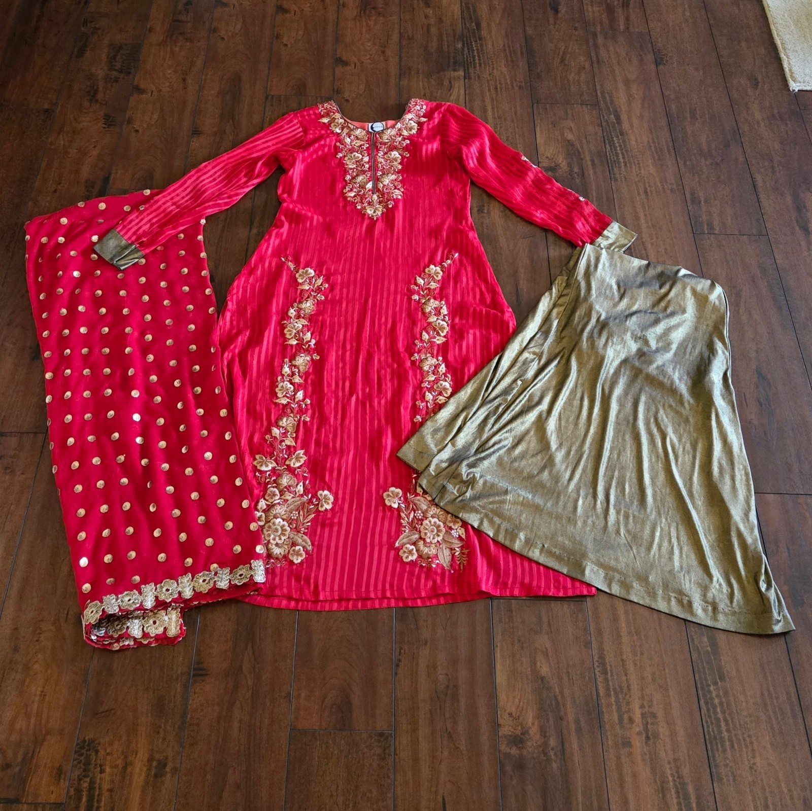 Embroidered Salwar Kameez Dupatta Long Scarf Red Gold Chiffon Party Wear Dress