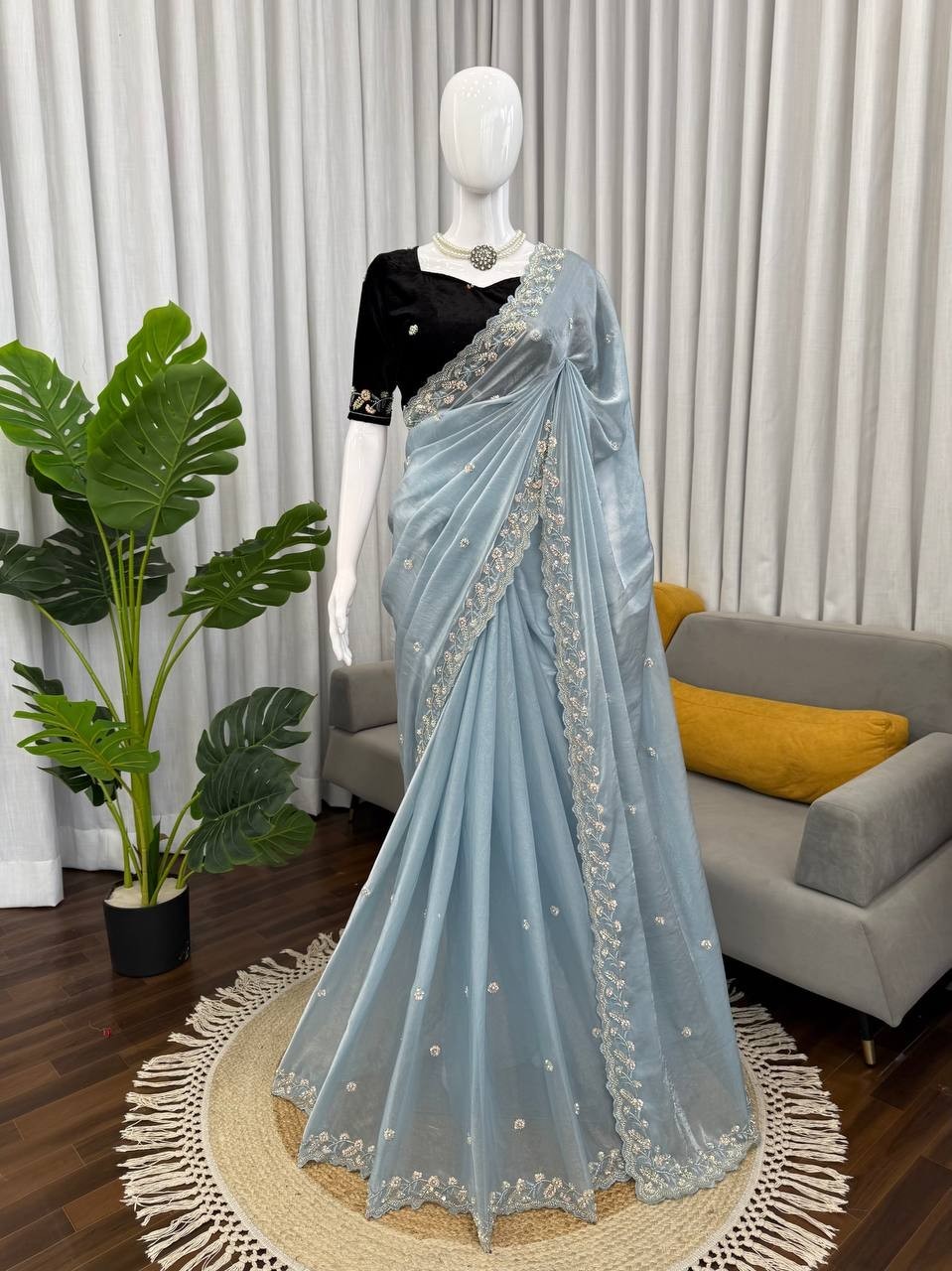 Beautiful Heavy Silk Sky Blue Saree With Blouse For Women Wedding Wear