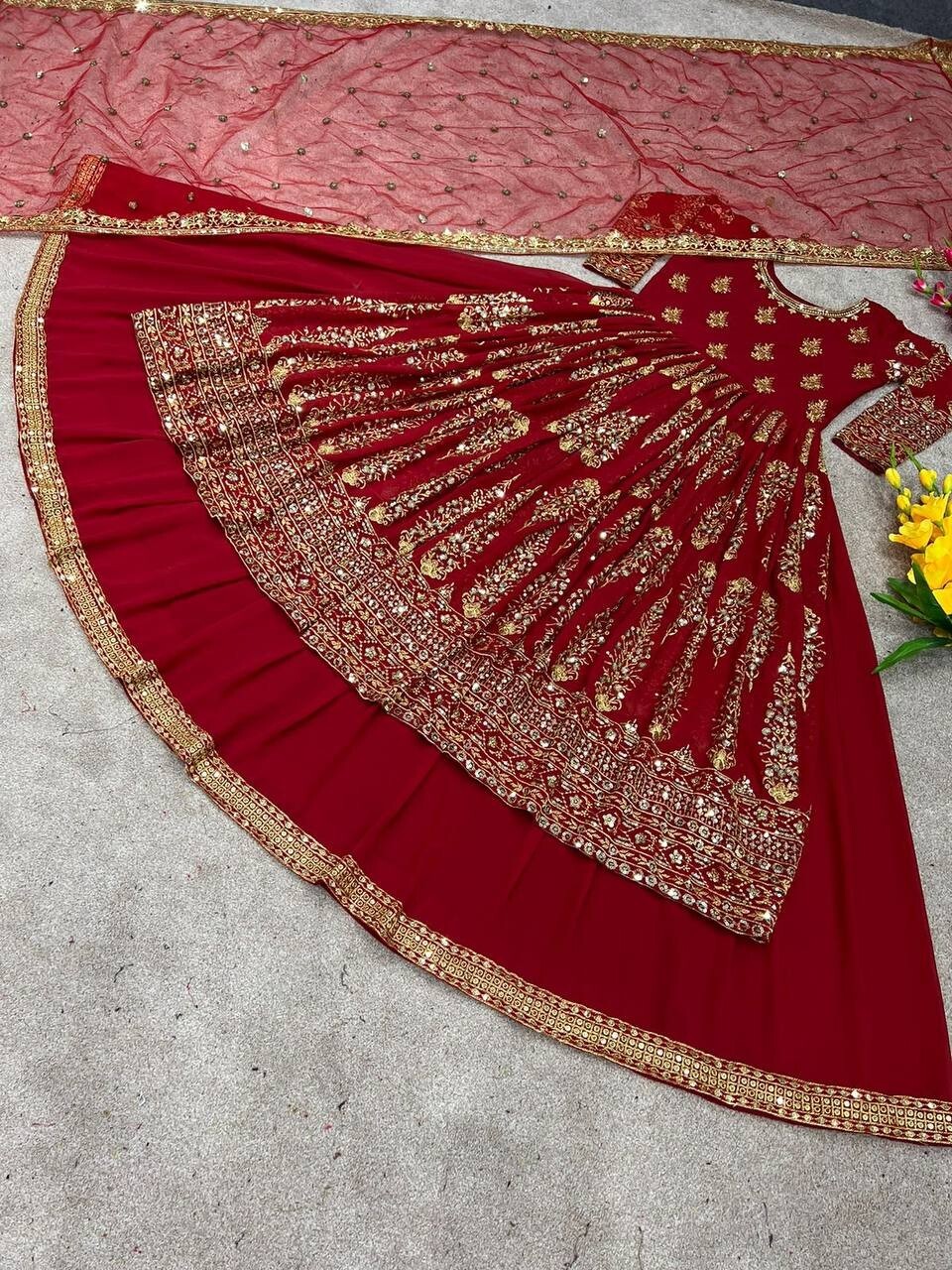 DESIGNER RED HEAVY FAUX GEORGETTE TOP LEHENGA WITH NET DUPATTA FOR WEDDING