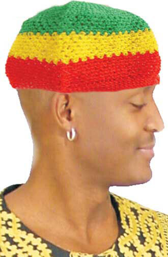 Rasta Color Knitted Fitted Kufi Cap. Made N Central America. 16″ X 20″.