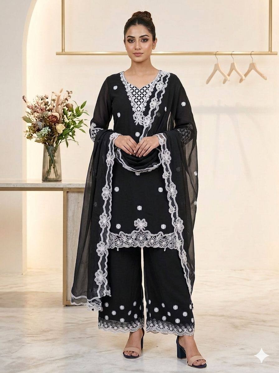 Designer Georgette Top with Palazzo and Georgette Dupatta Sequins Embroidery XL