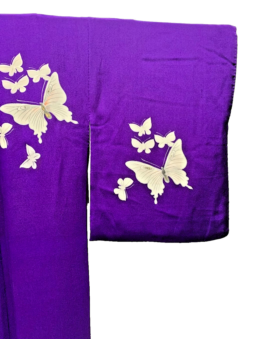 VINTAGE Silk Houmongi Kimono Kinsha Chirimen Butterfly Purple M Traditional Art