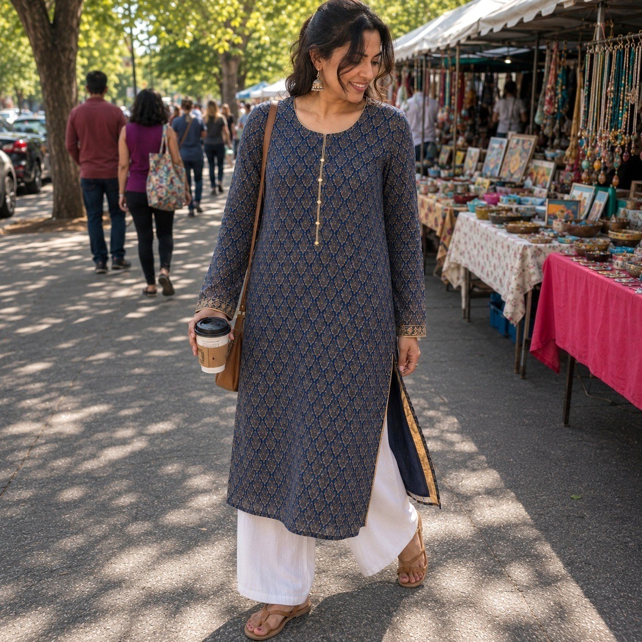 Vintage Y2K Women’s South Asian Kurta Kameez Tunic Navy Gold Beaded Lined