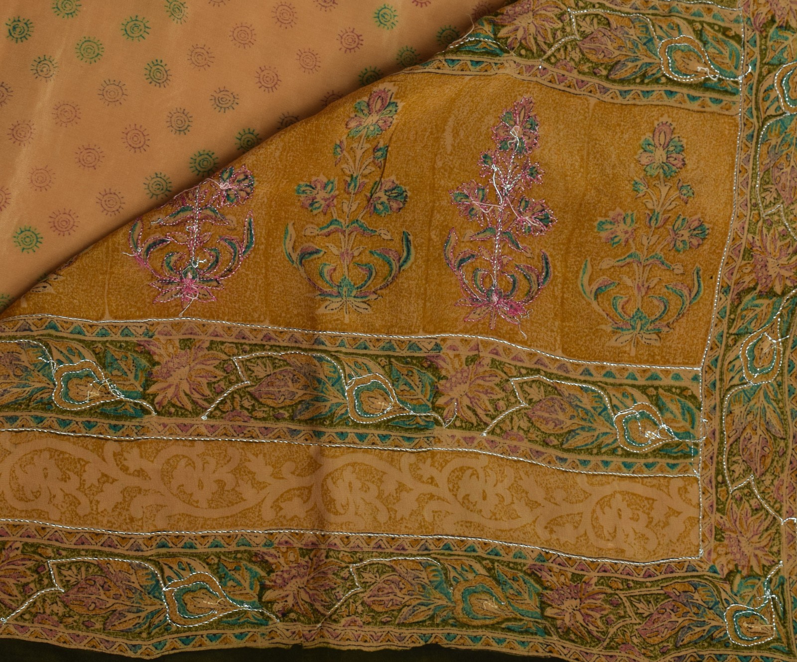 Sushila Vintage Multi-Color Saree Pure Crepe Hand Printed Paisley Sari Fabric