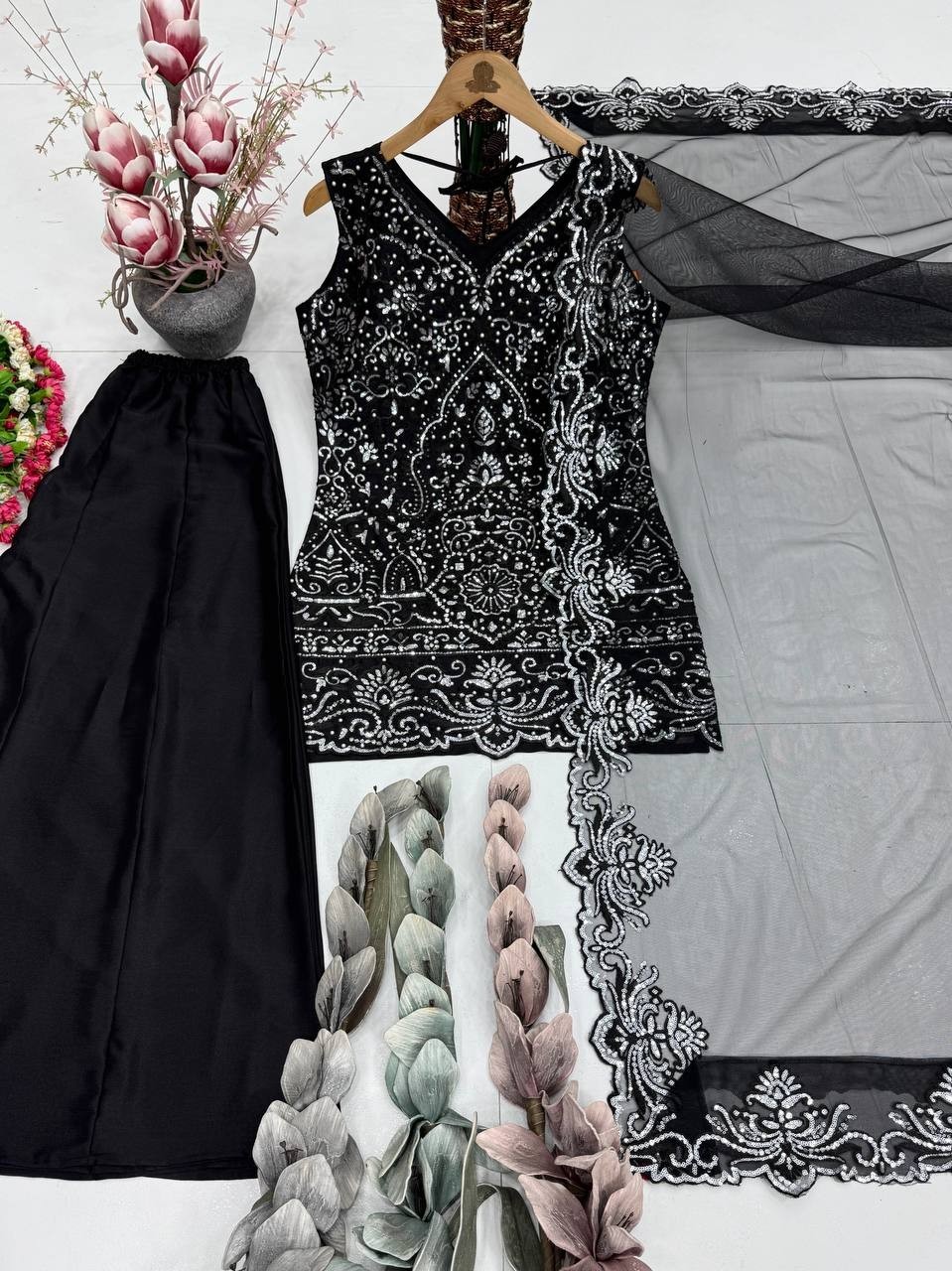 Stylish Designer Black Georgette Kurta Palazzo With Dupatta For Party Wear