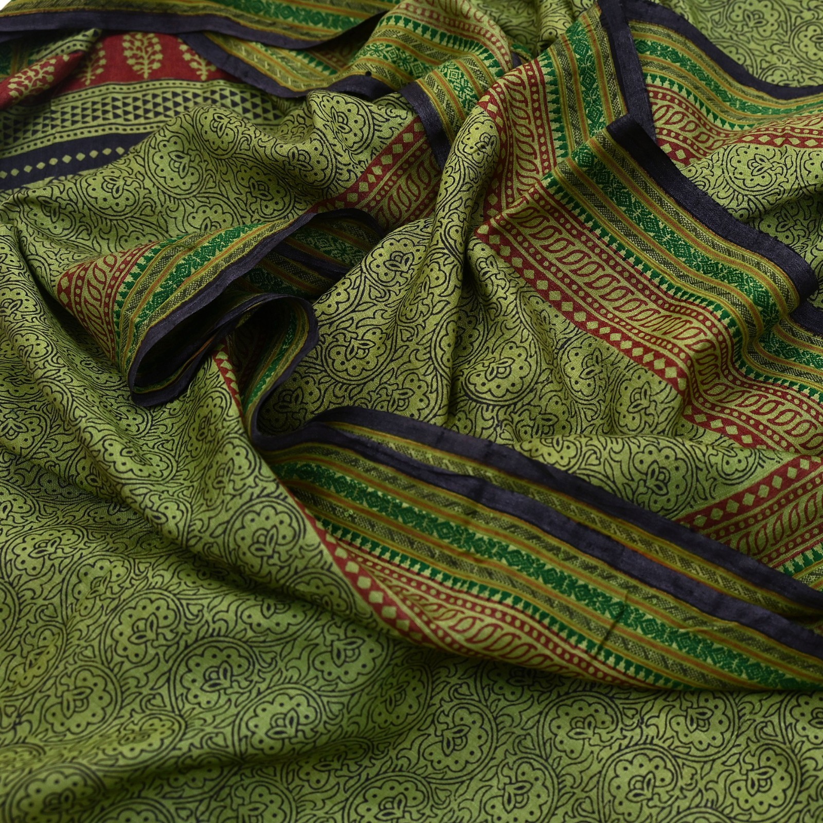 Vintage Green Block Printed Pure Chanderi Silk Saree Floral Zari Border 5yd
