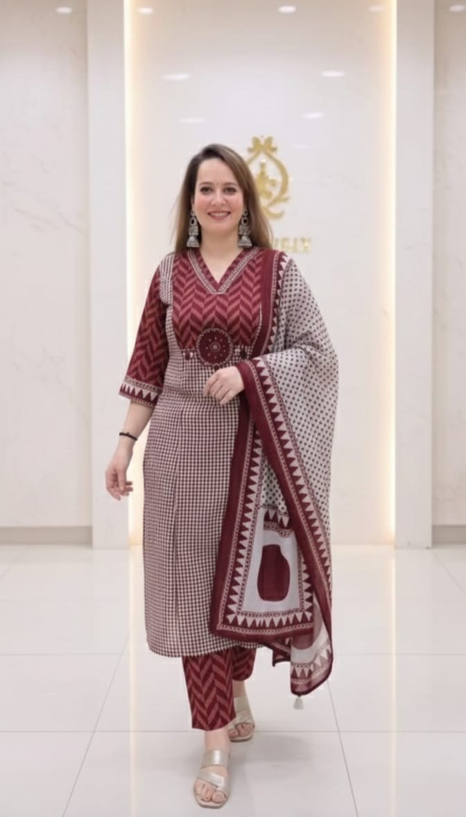 Heavy Cotton Women’s Kurti Pant Dupatta Set Indian Party Wear Top Salwar Kameez