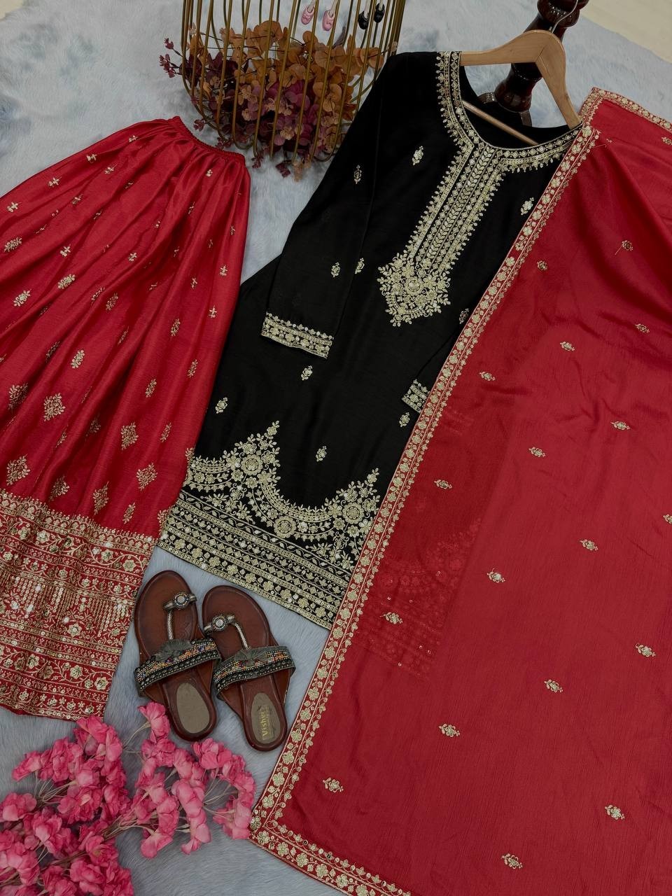 Beautiful Look Black Chinon Silk Kurta Palazzo With Dupatta For Women & Girls