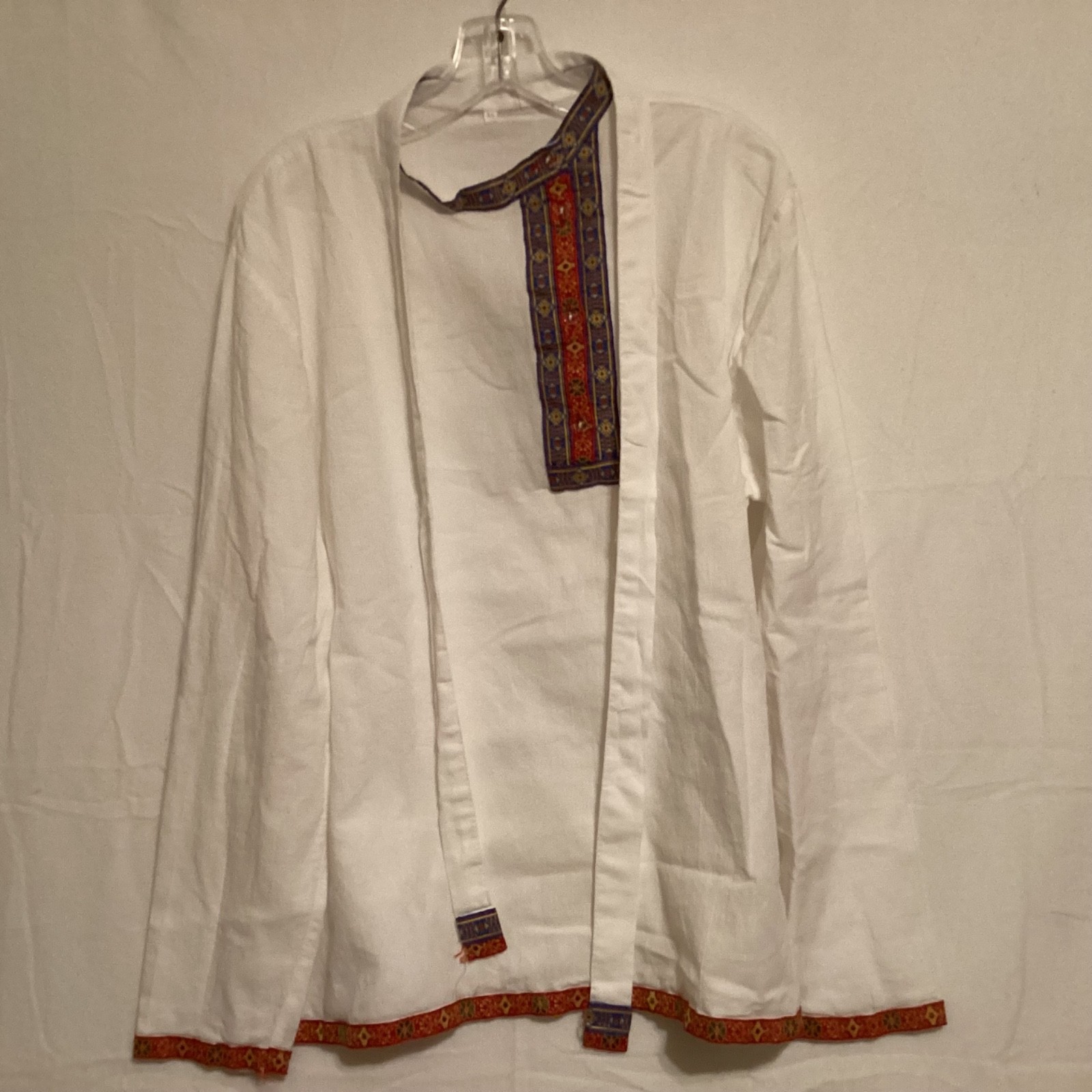 Russian Unisex White Gauze Folk Art Tunic Shirt Embroidered Ribbon Trim XL/L