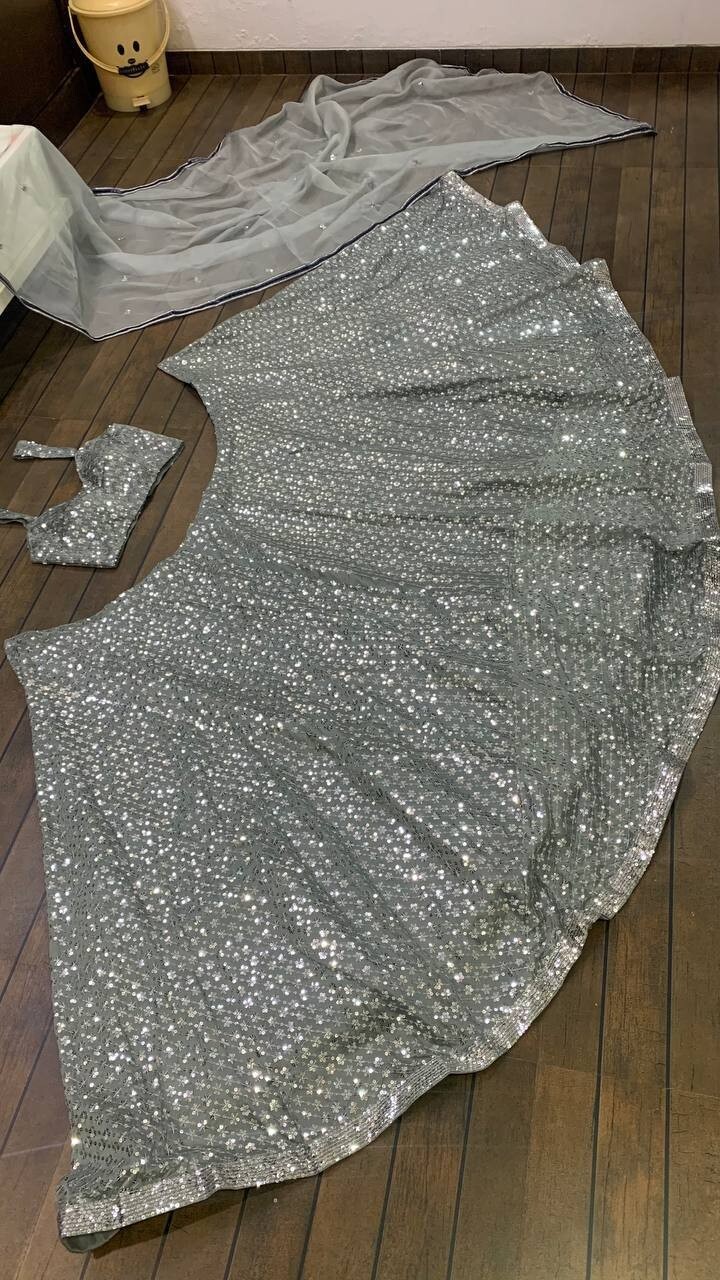 New Unique Gray Kasturi Crepe Silk Lehenga Choli And Stylish Dupatta For Women