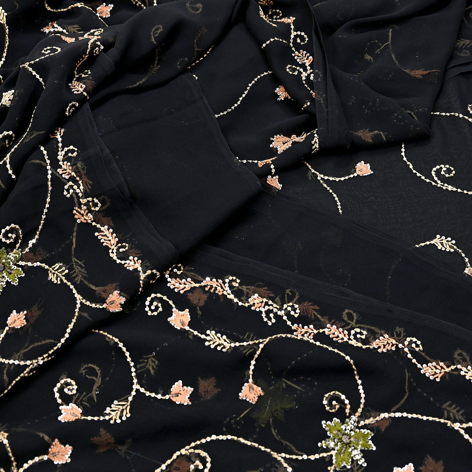 Indian Vintage Heavy Sari Black Pure Georgette Silk Hand Beaded Sarees Ethnic