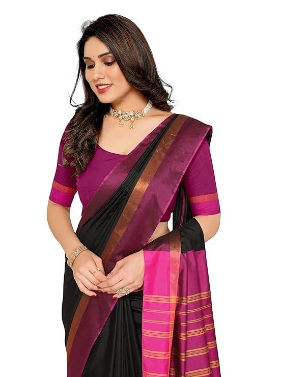 Women’s Striped Pattern Cotton Silk Saree and Unstitched Blouse Piece
