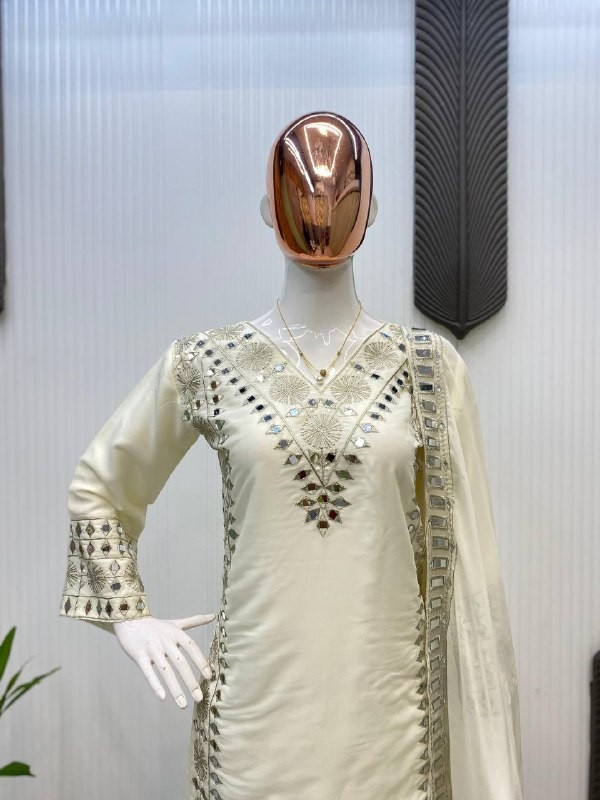 Presenting Off White Georgette Top And Palazzo With Dupatta For Party Wear