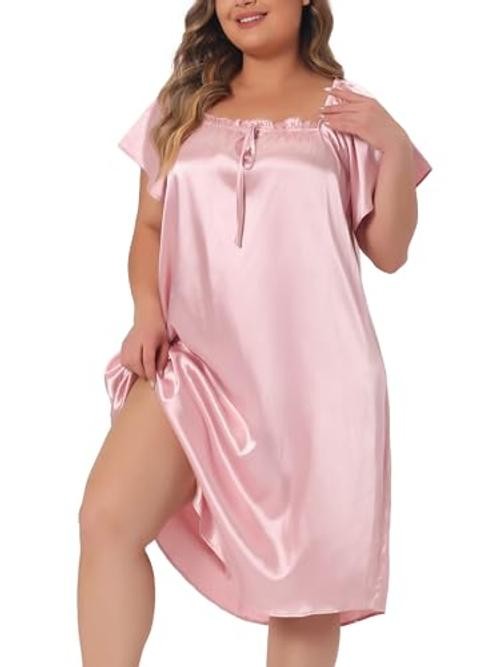Plus Size Satin Silk Nightgown for Women Pleated Loose Sleepwear 4X Pink