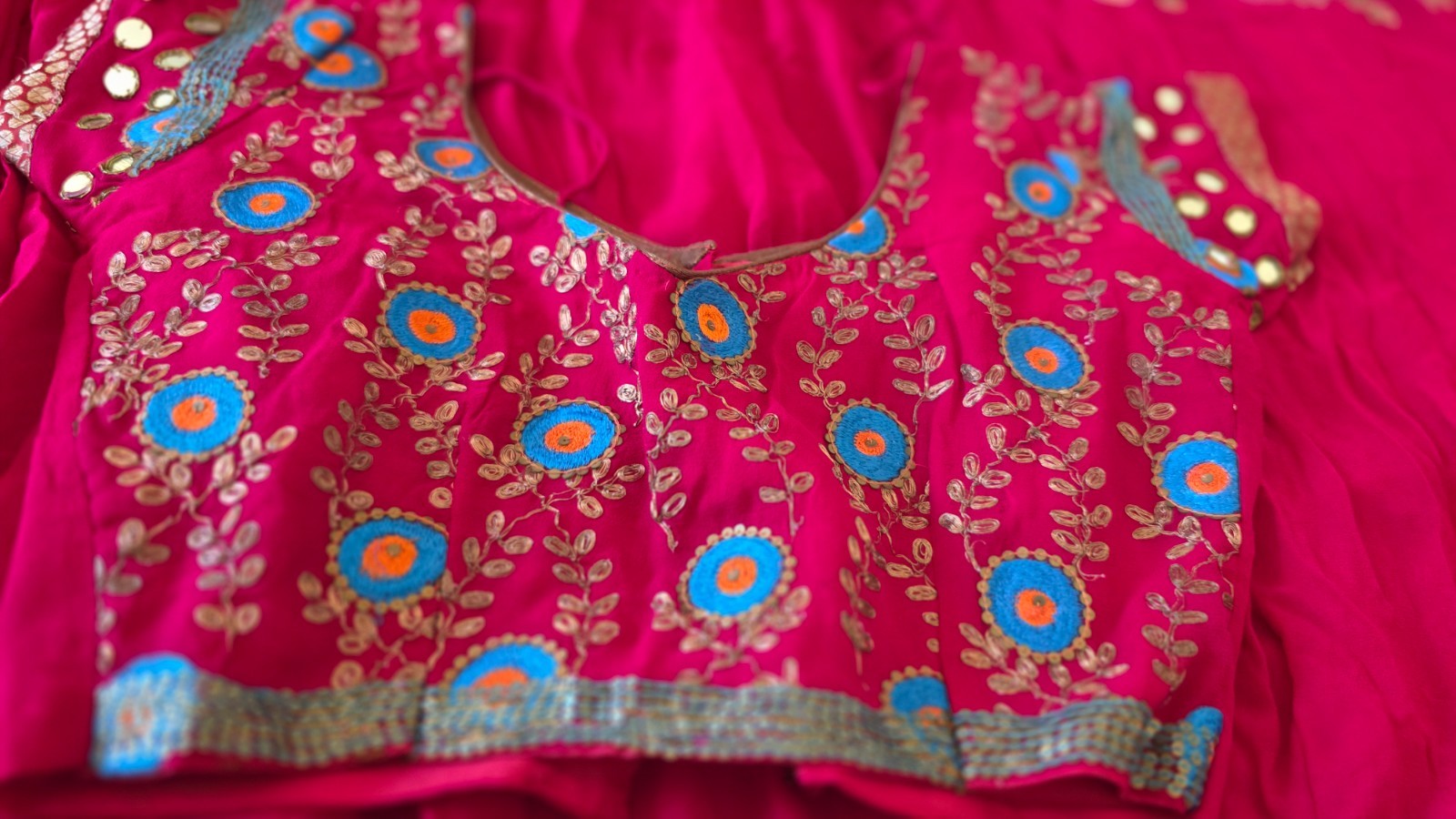 Pre-Stitched Red Chiffon Saree | Blue Gold Embroidery | 6-Yd Craft Fabric Canvas