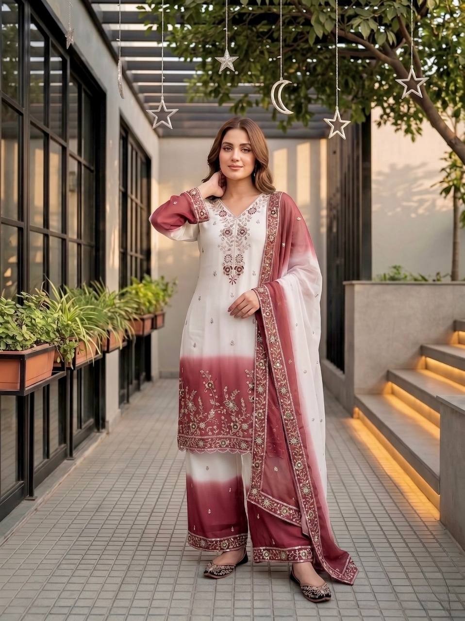 Designer Collection Star Georgette Kurta Palazzo With Dupatta For Function