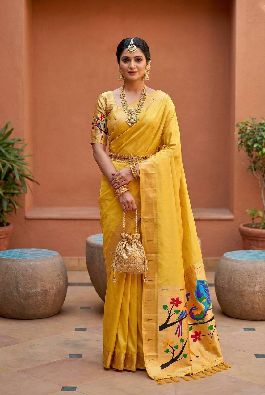 Indian Designer Yellow-Gold Wedding Silk Saree With Blouse For Reception & Party