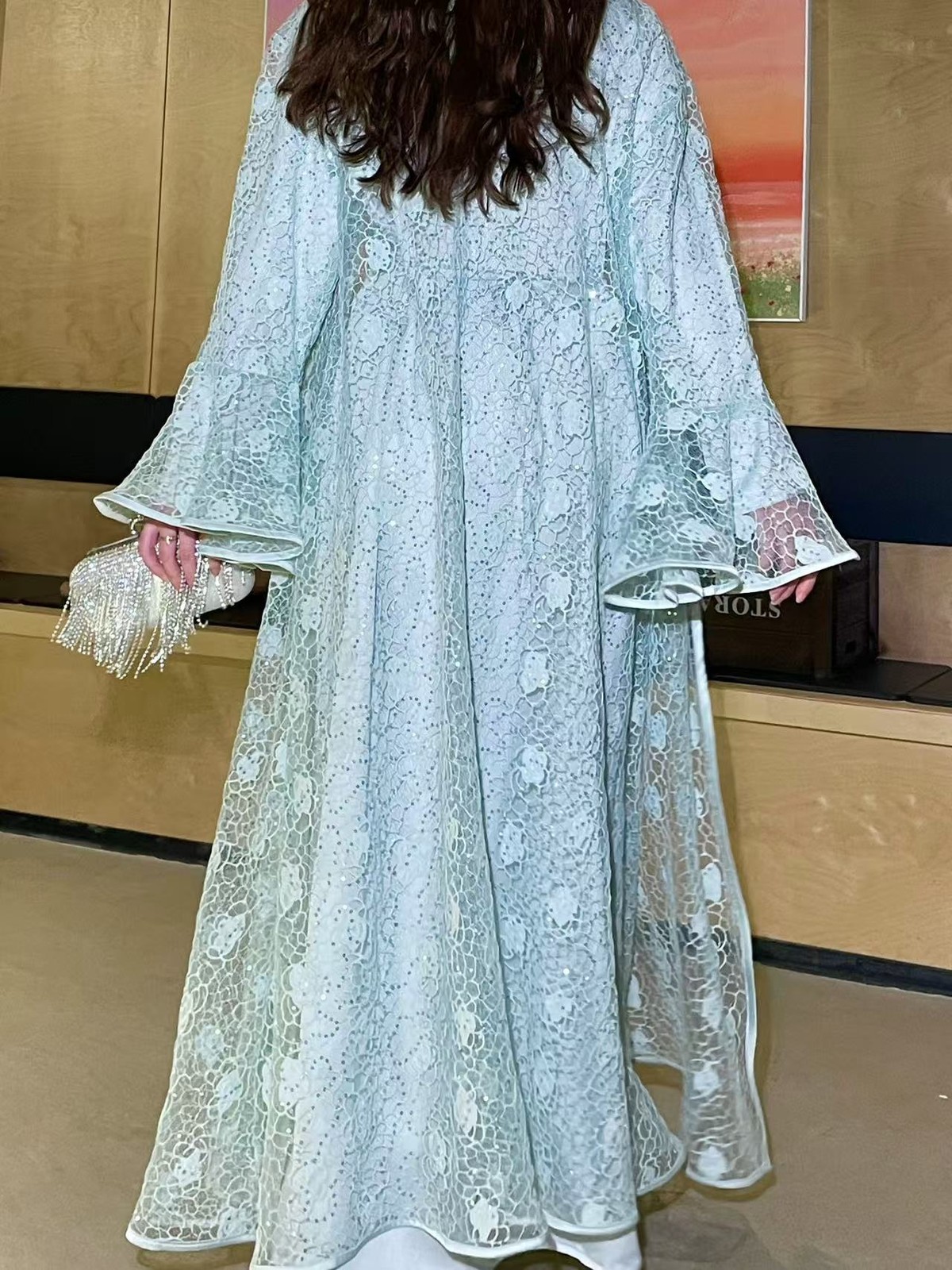 Muslim Women 2Pcs Lace Sequin Flared Sleeves Elegant and Dignified Banquet Robe