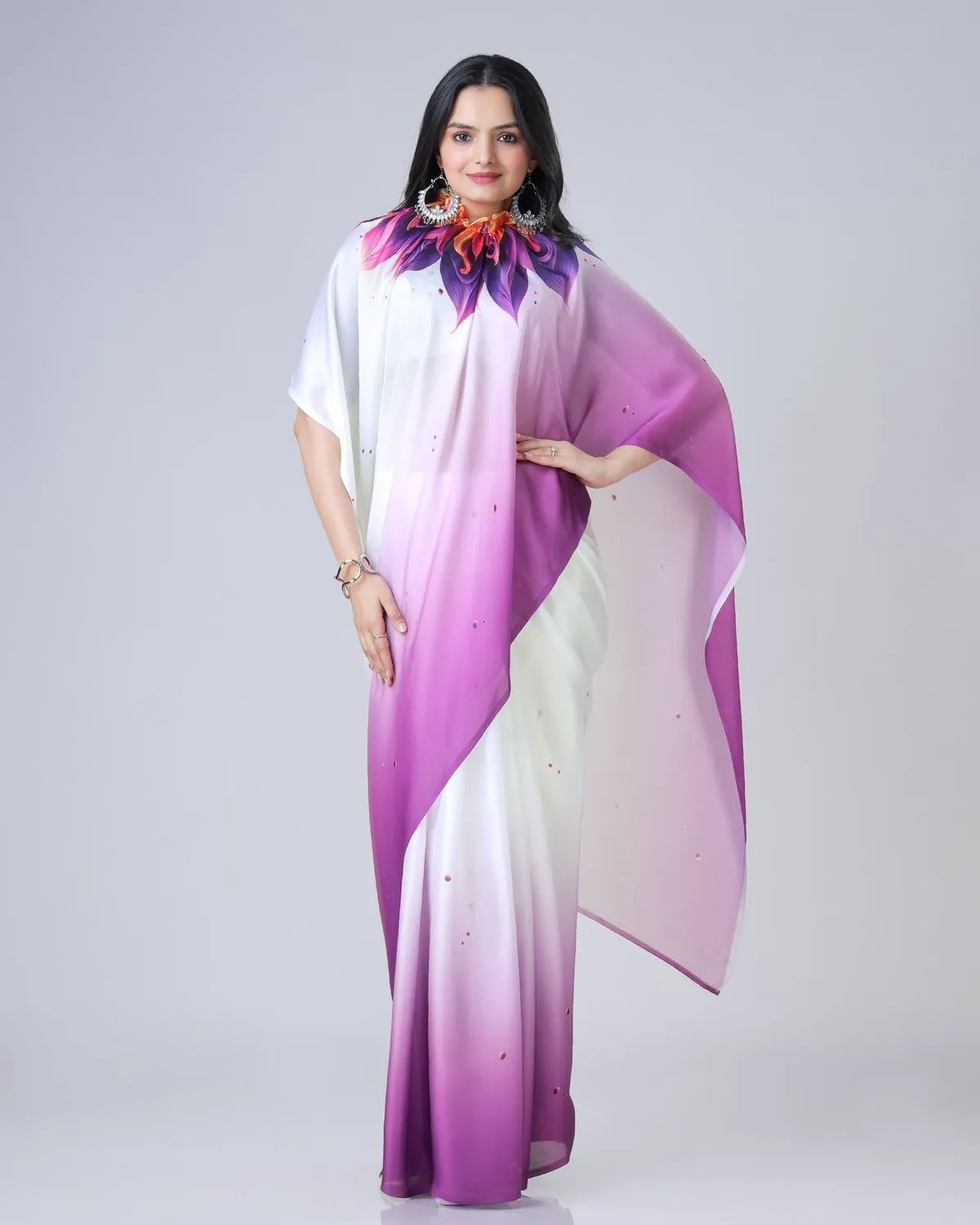 Women Purple Free Hand Mandala Art Print Satin Silk Saree with Unstitched Blouse