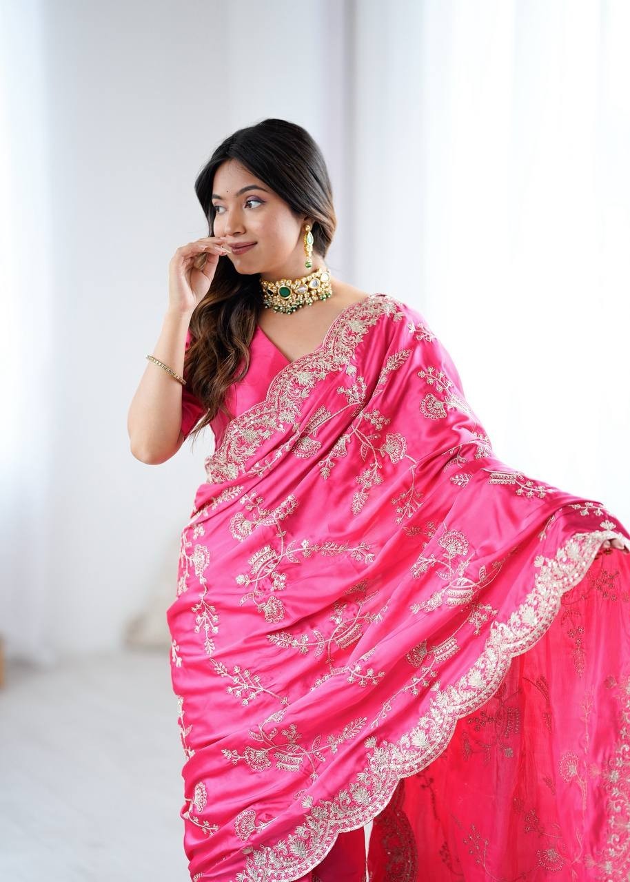 Indian Style Heavy Japan Satin Silk Pink Saree With Blouse For Wedding & party