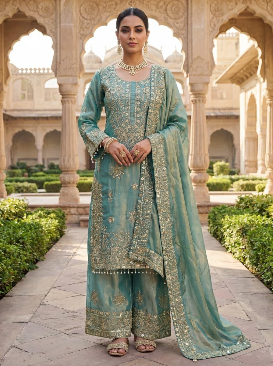 Firozi color embroidered 3-Piece Suit Set for Women | Stylish Kurta