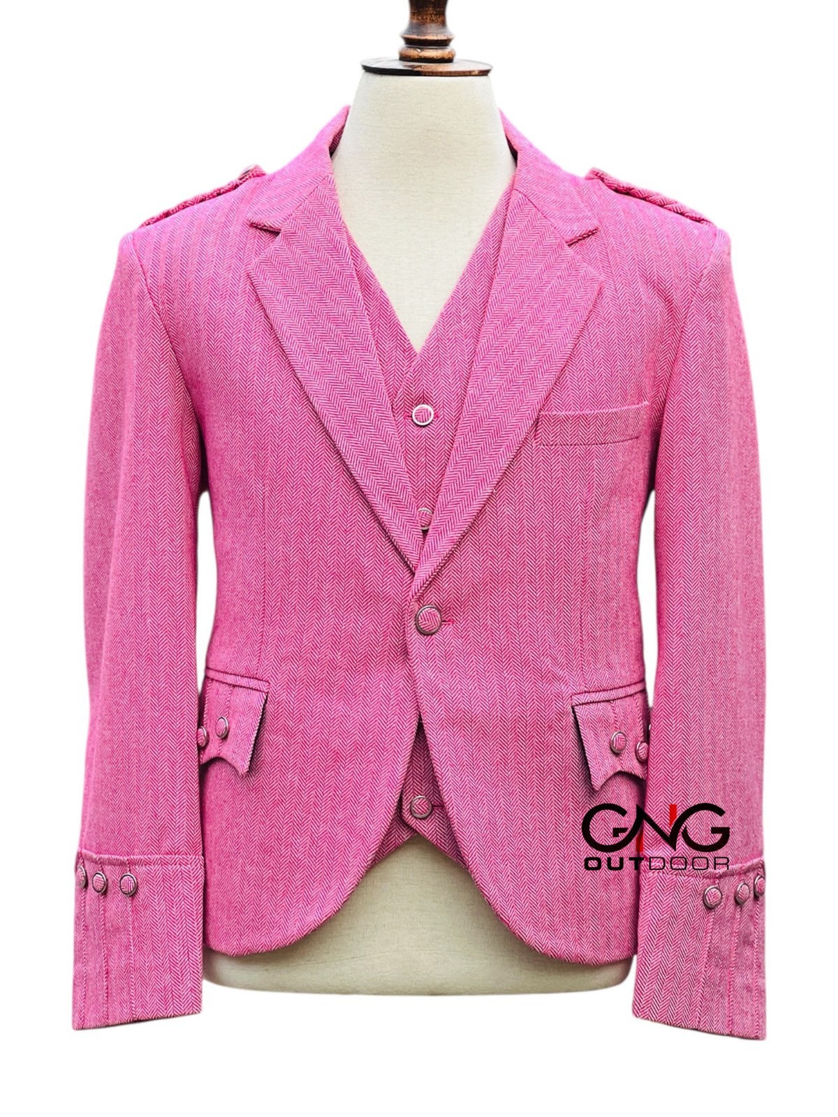 Men’s Scottish Pink Tweed Argyle Style Jacket with 5 Button Vest Size 34′ to 54″