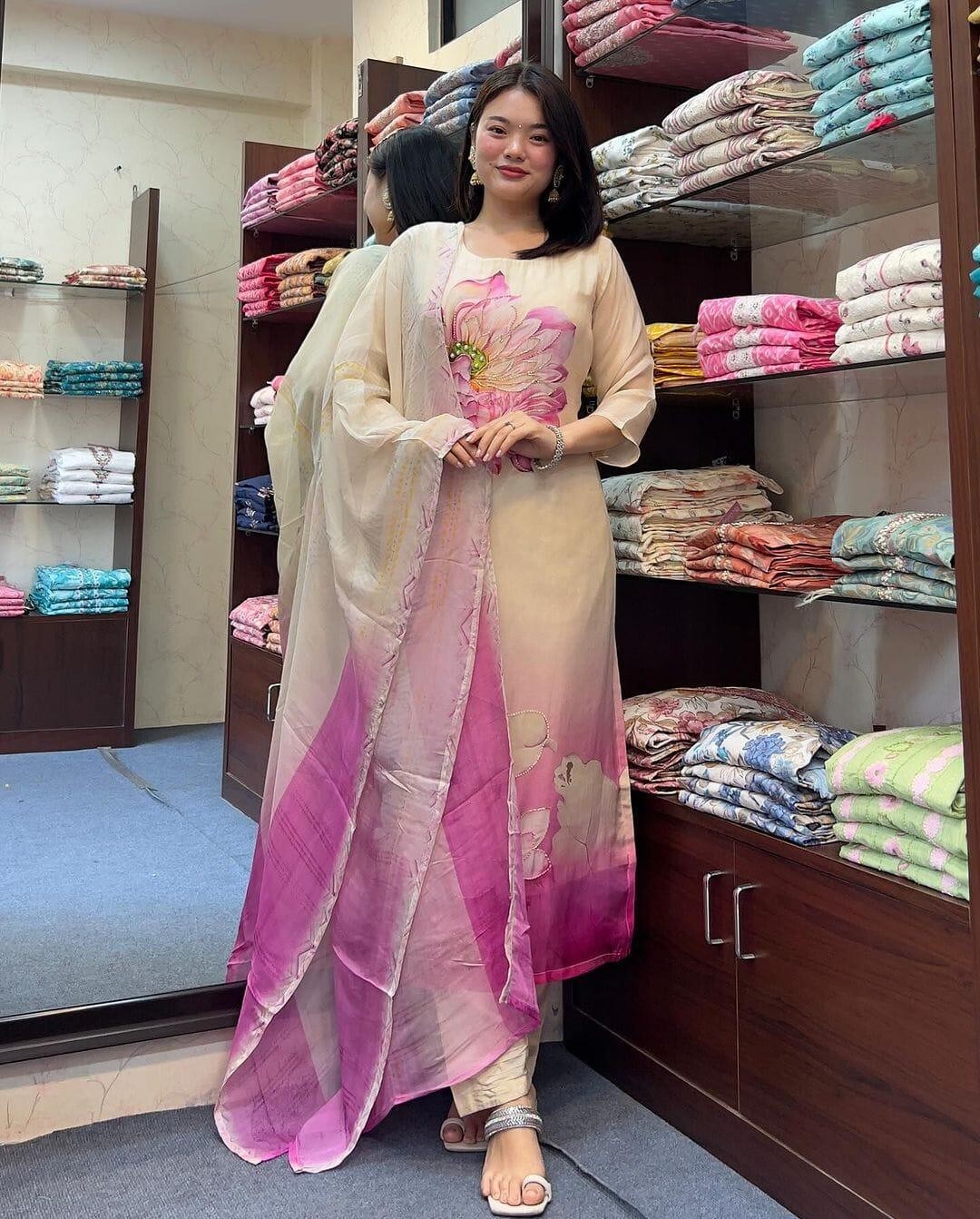 Women’s Taby Slik With Foil Print Hand Work Kurta with Pant & Dupatta