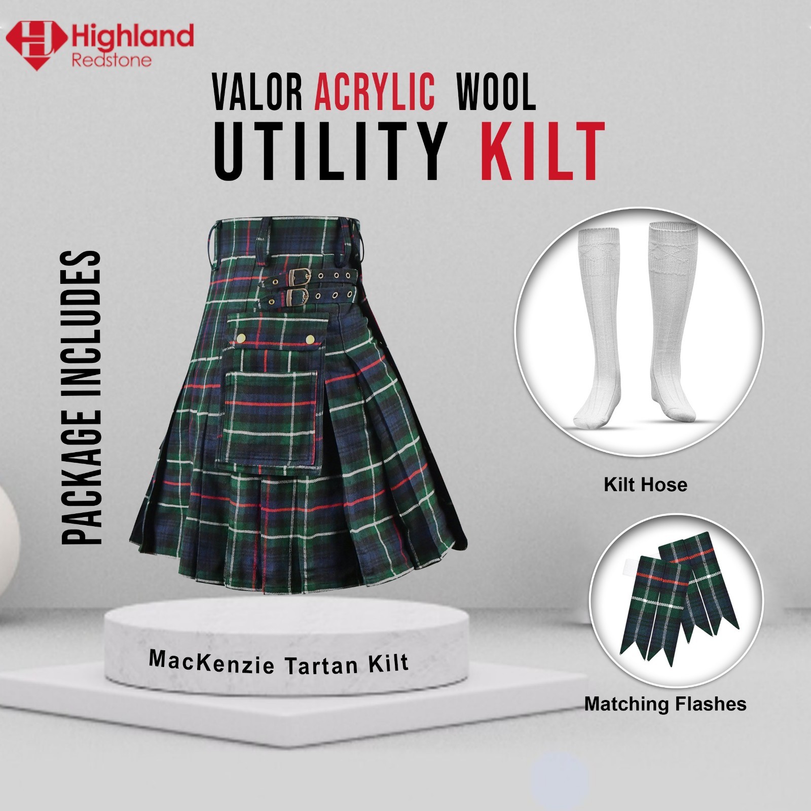Mackenzie Tartan Utility Kilt Package – Acrylic Wool Kilt, Hose, Flashes