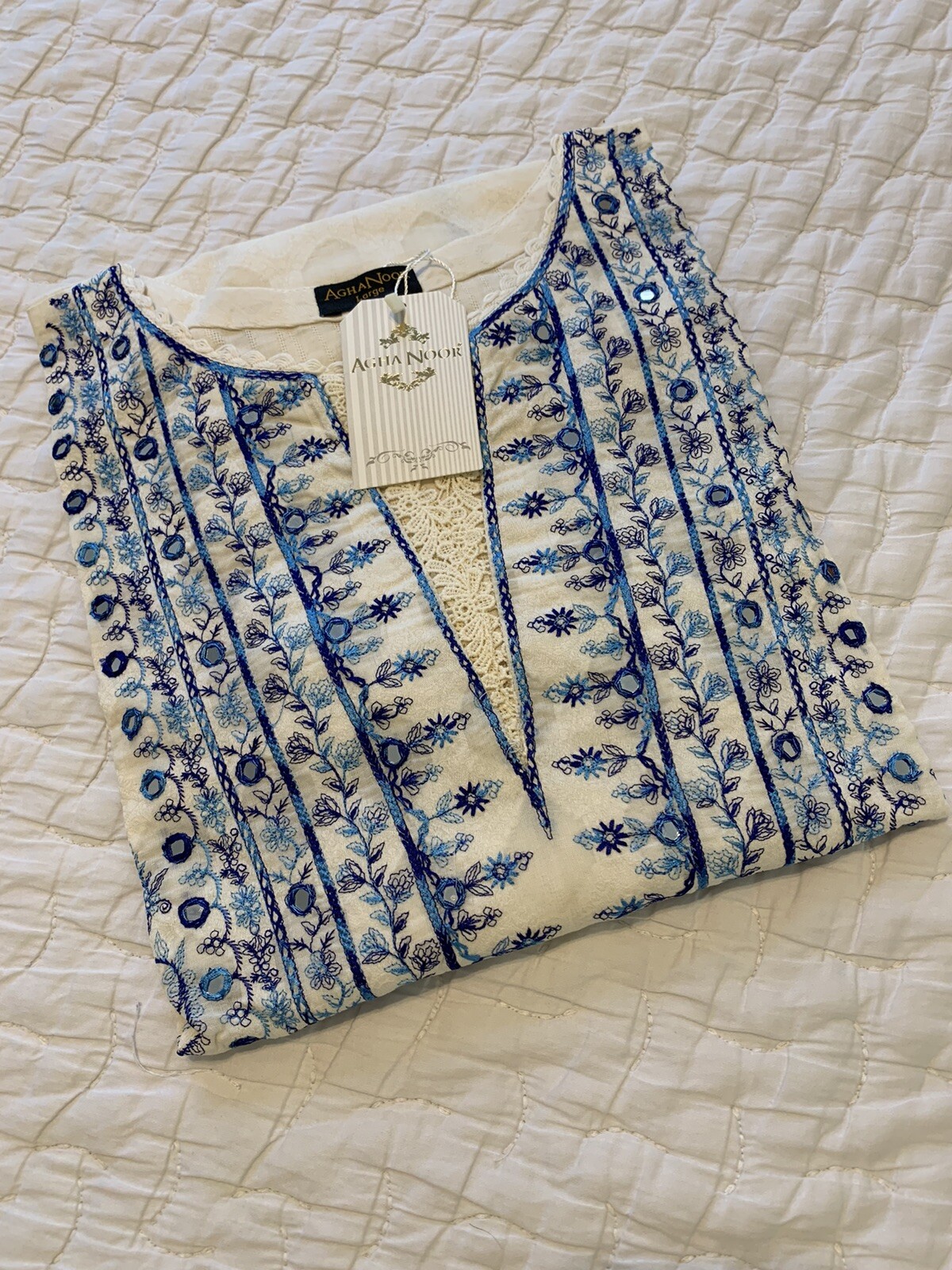Agha Noor White Shirt with Blue Embroidery + Mirror Work, Size L