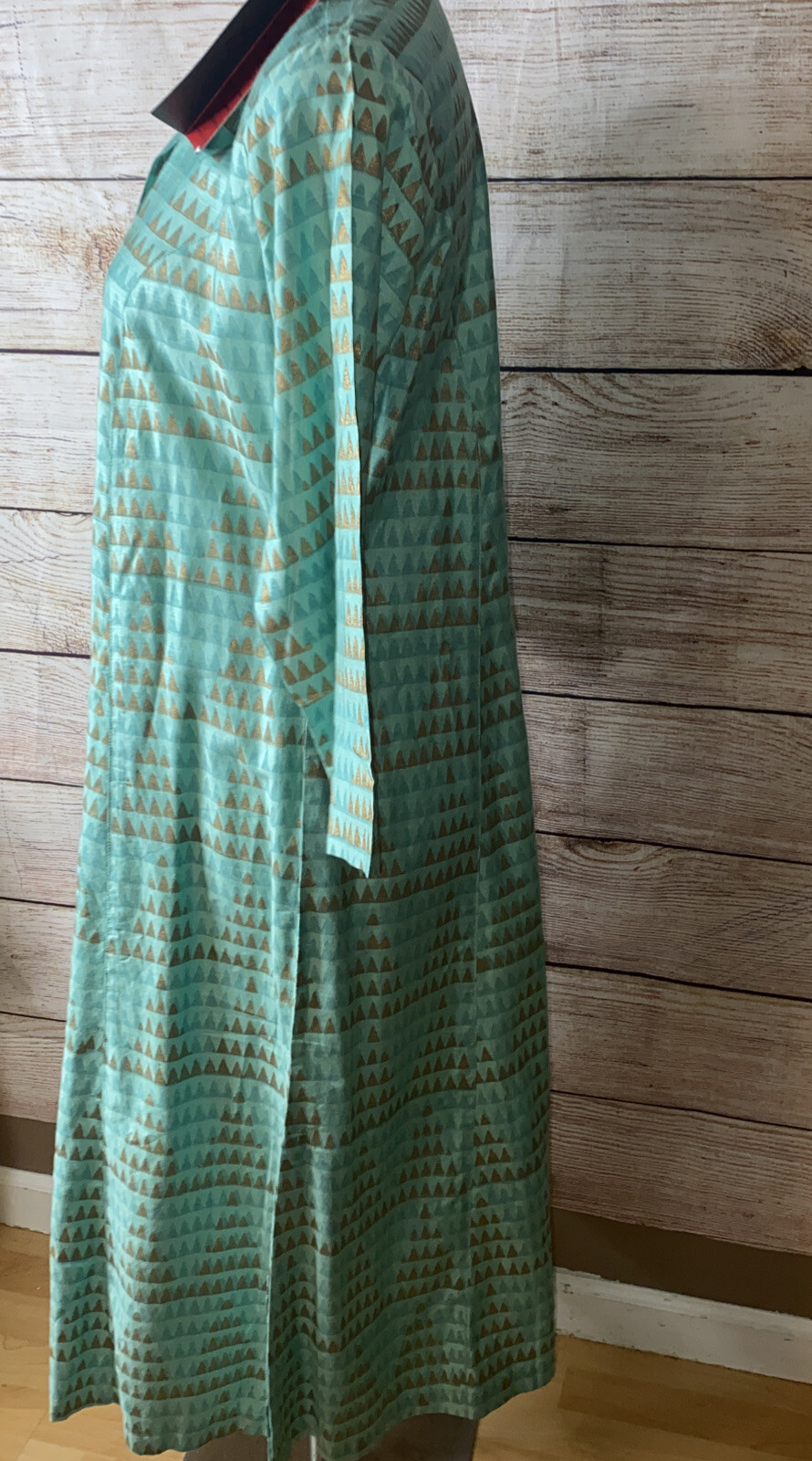 Zuba MIDI Viscose/Silk Kurta Dress Sz M Green Gold Metallic Print Button Down