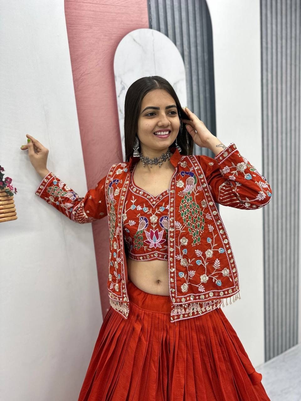 Designer Vichitra Silk Lehenga Choli with Jacket Heavy Thread Sequence Work