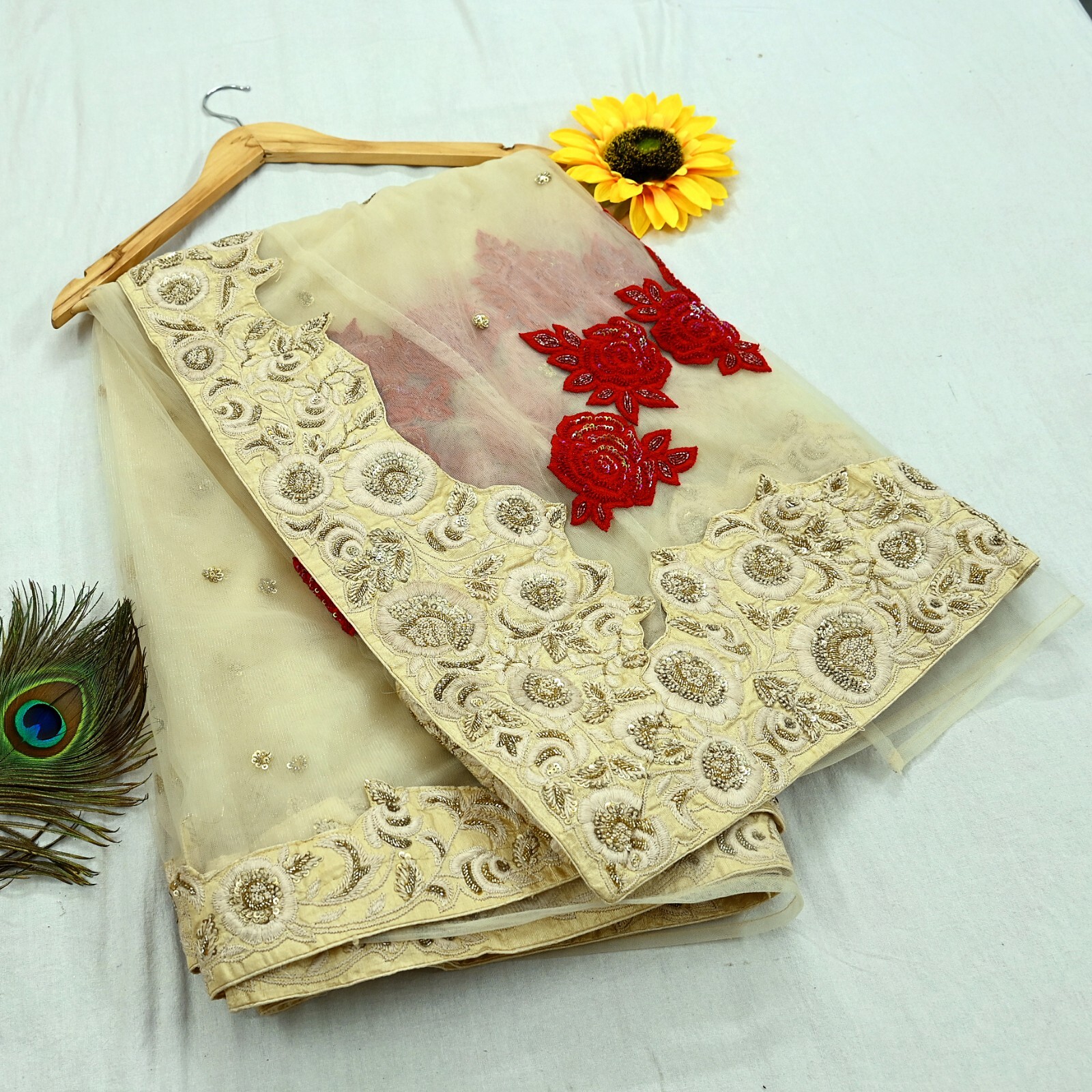 Indian Pre-Owned Heavy Sari Ivory Net Hand Embroidered Designer Abu jani Sarees