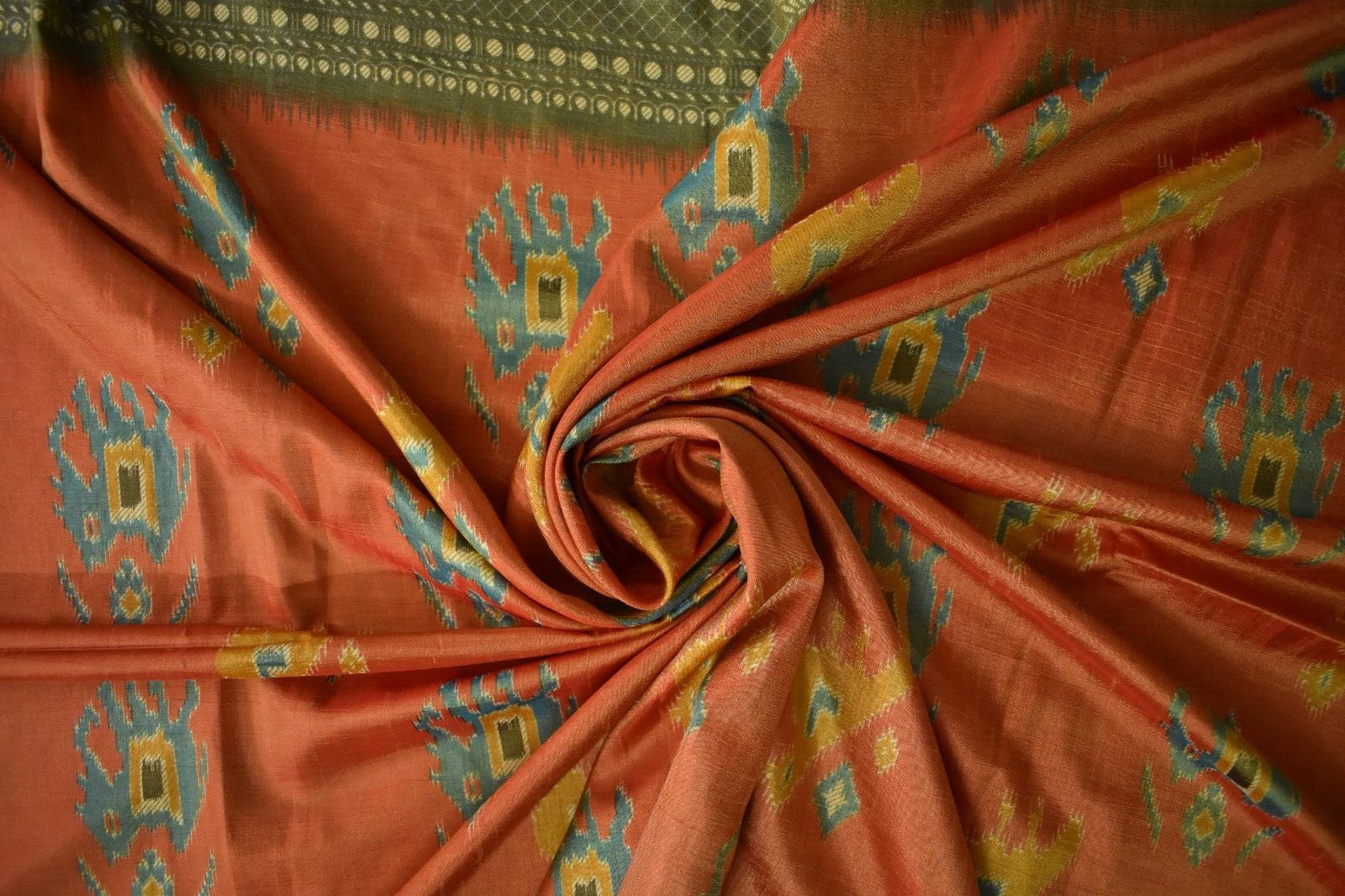 FNC Vintage Saree Indian Orange Hand Woven Ikat Blend Silk Sari Craft Fabric 5Yd
