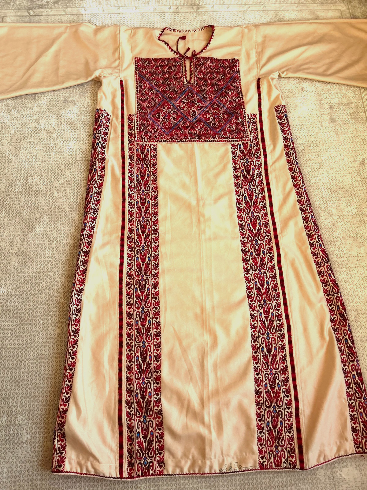 Beige Vintage Palestinian Traditional Thobe- Hand-Embroidered Tatreez Dress
