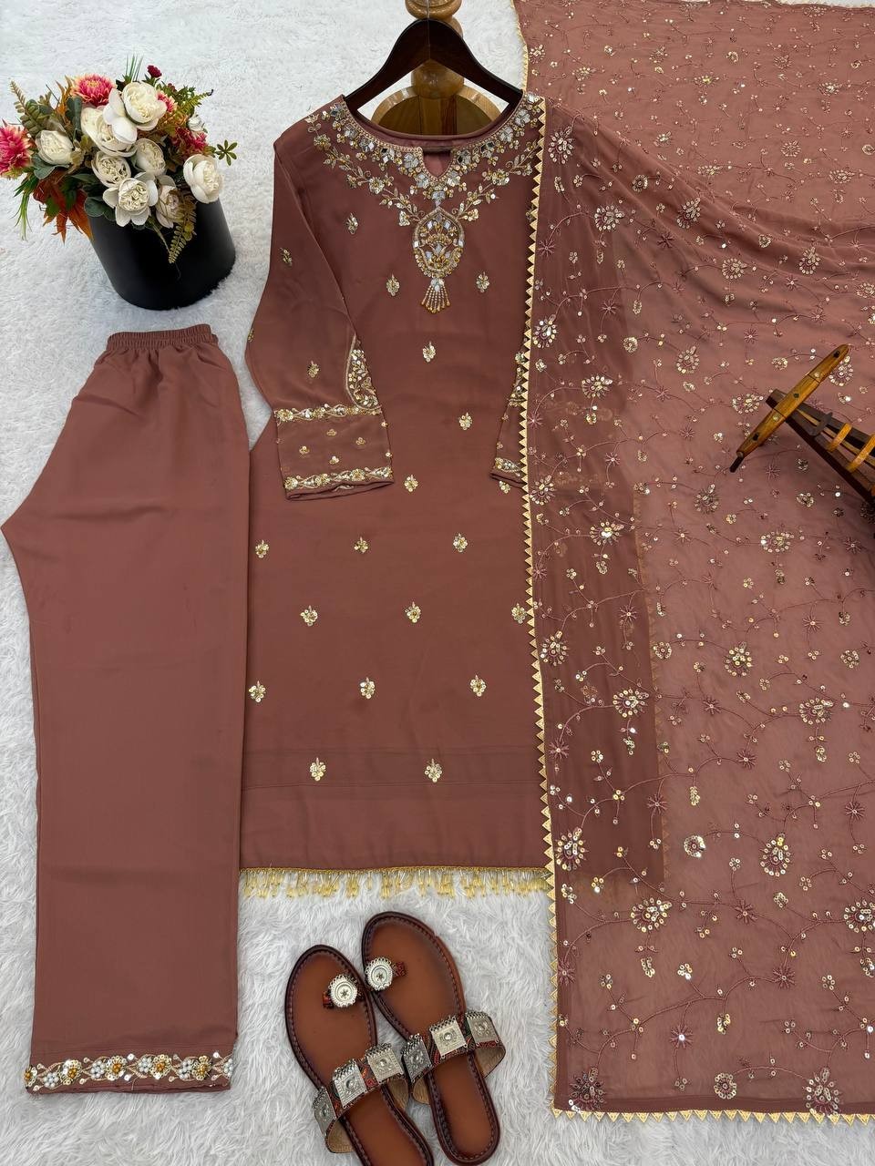 New Presenting Dusty Pink Faux Georgette Salwar Kameez With Dupatta For Festive
