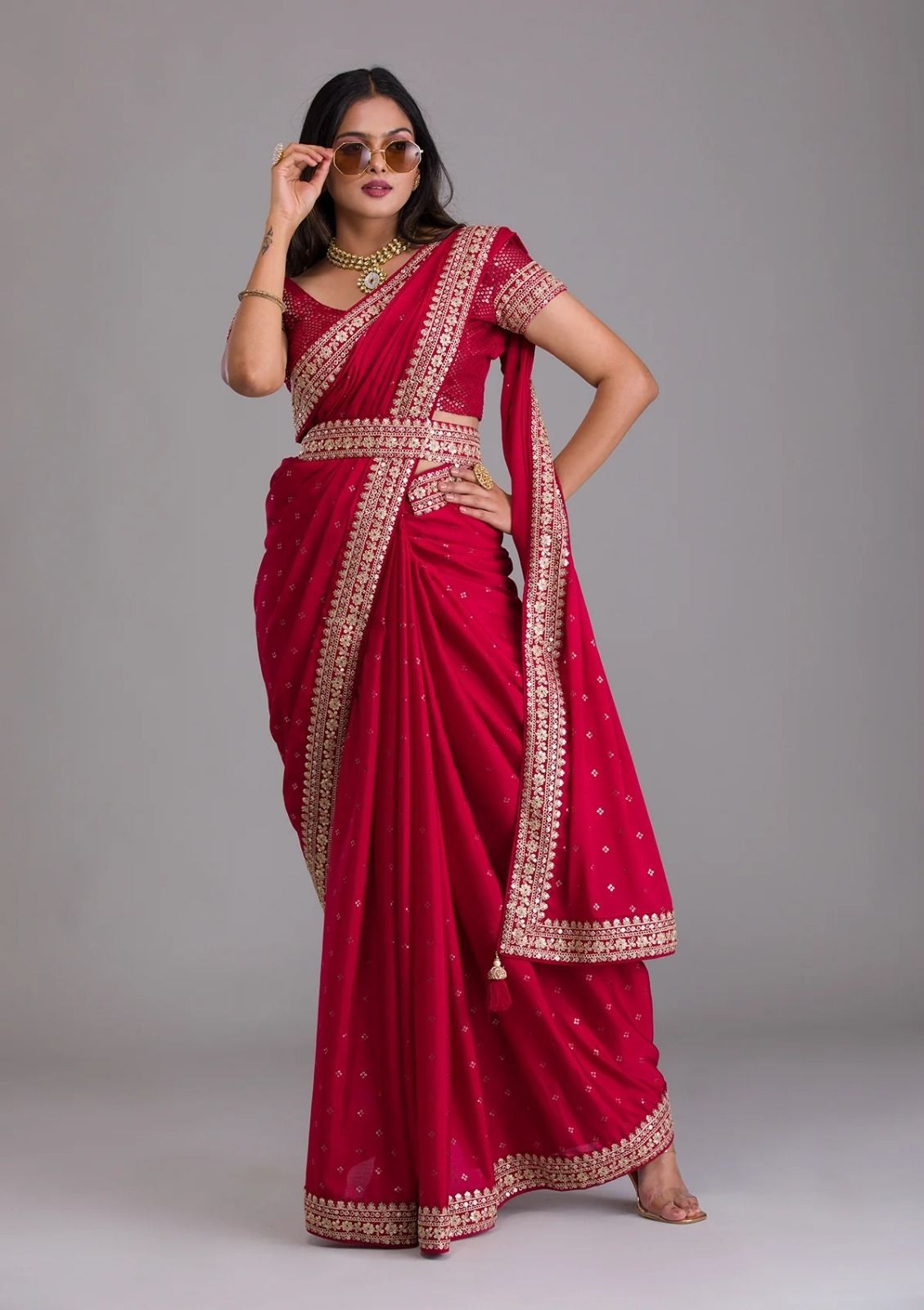 Beautiful Red Chinon Silk Saree Indian Bollywood Wedding Party Wear Sari Blouse