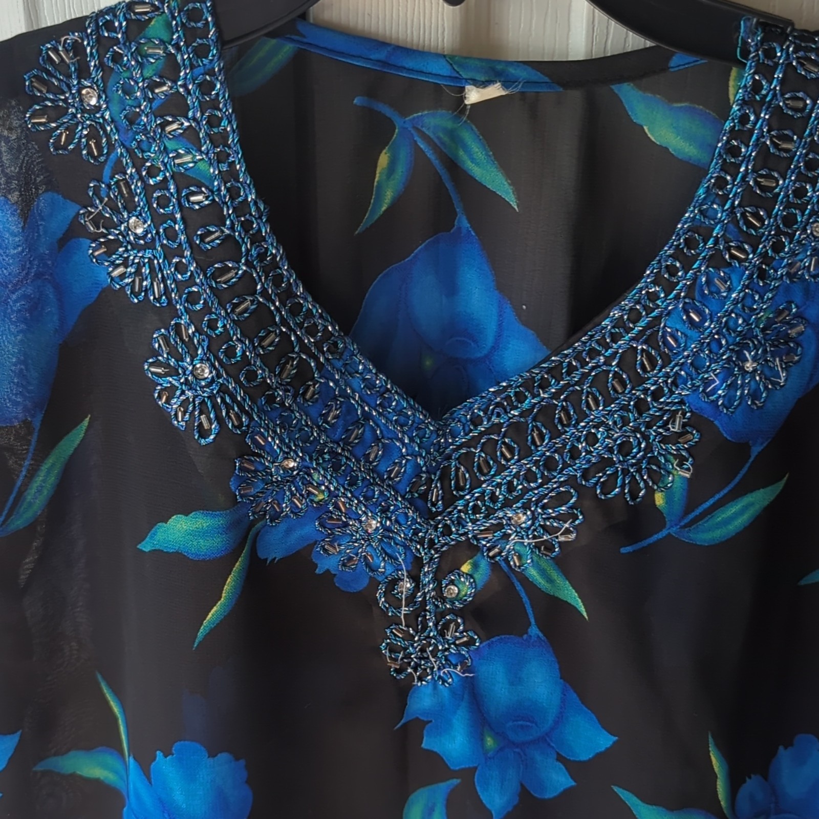 Women’s Black/Blue Floral Embroidered Chiffon 3/4 Sleeve V-Neck Tunic kurti