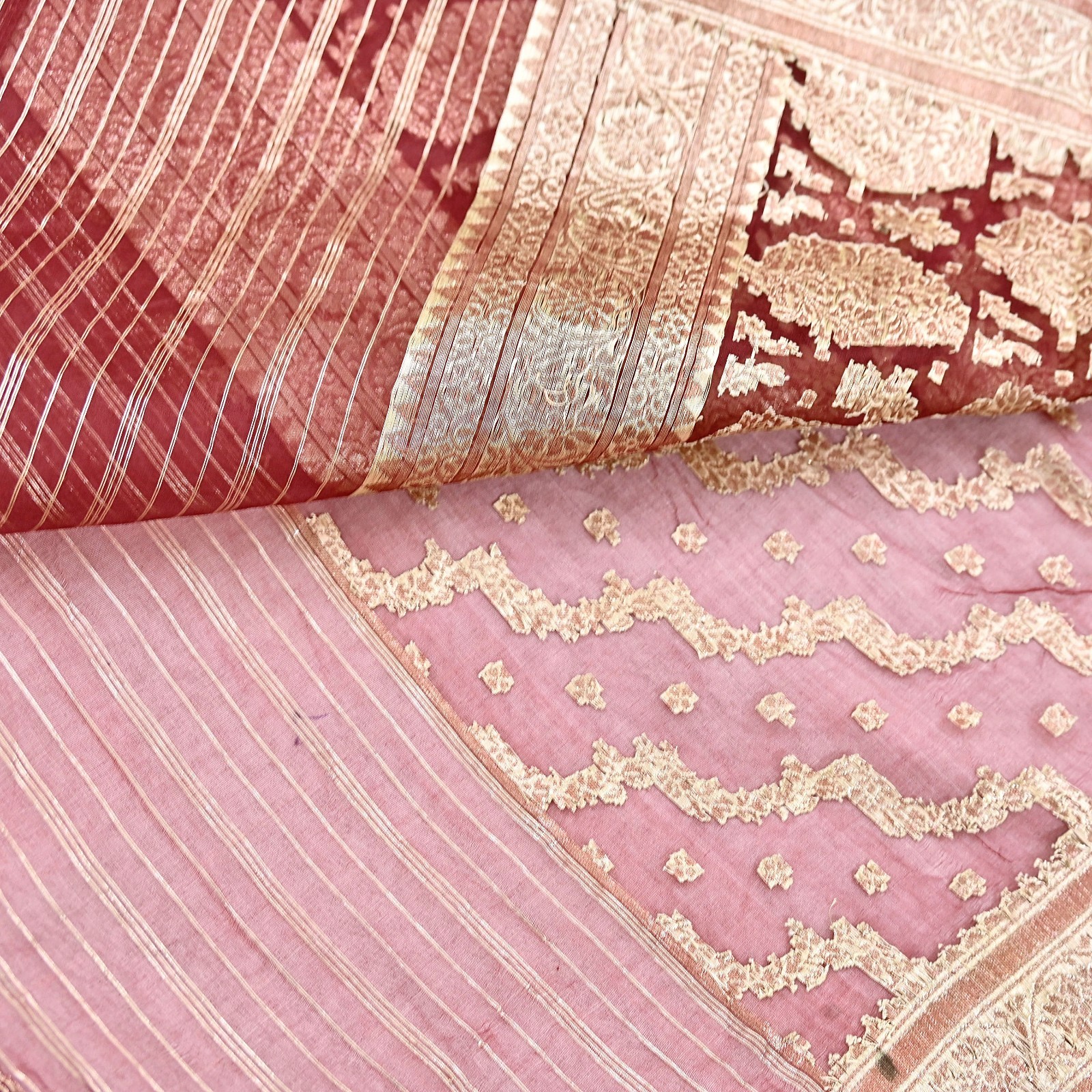 Indian Vintage Sari Heavy Maroon Pure Organza Silk Woven Brocade Banarasi Sarees