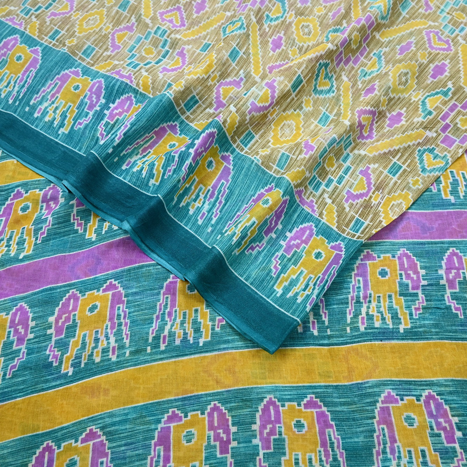 Indian Vintage Sari Beige & Green Pure Cotton Printed Sarees Craft Fabric Soft 5