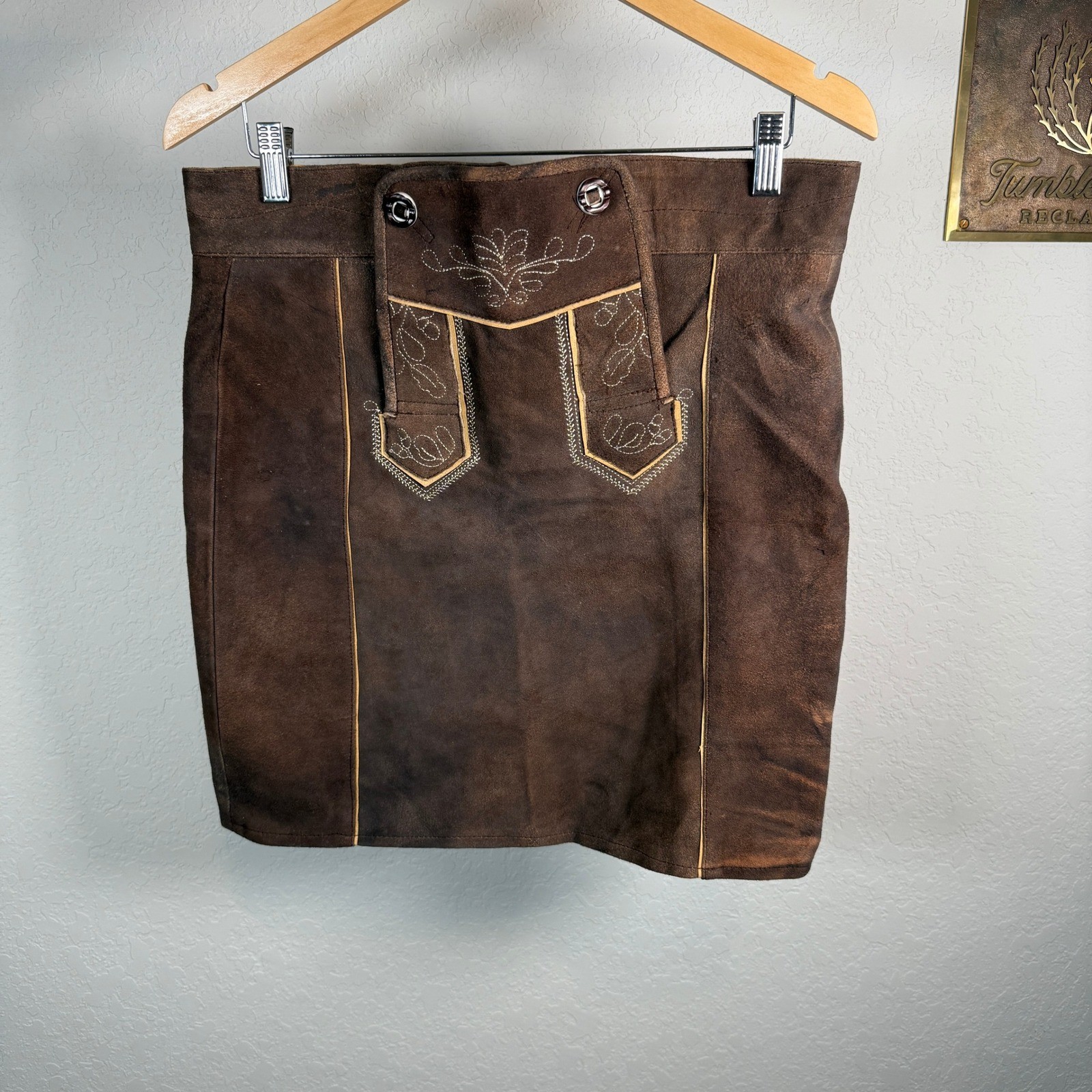 Authentic Suede Lederhosen Skirt Brown Embroidered Festival Oktoberfest Women