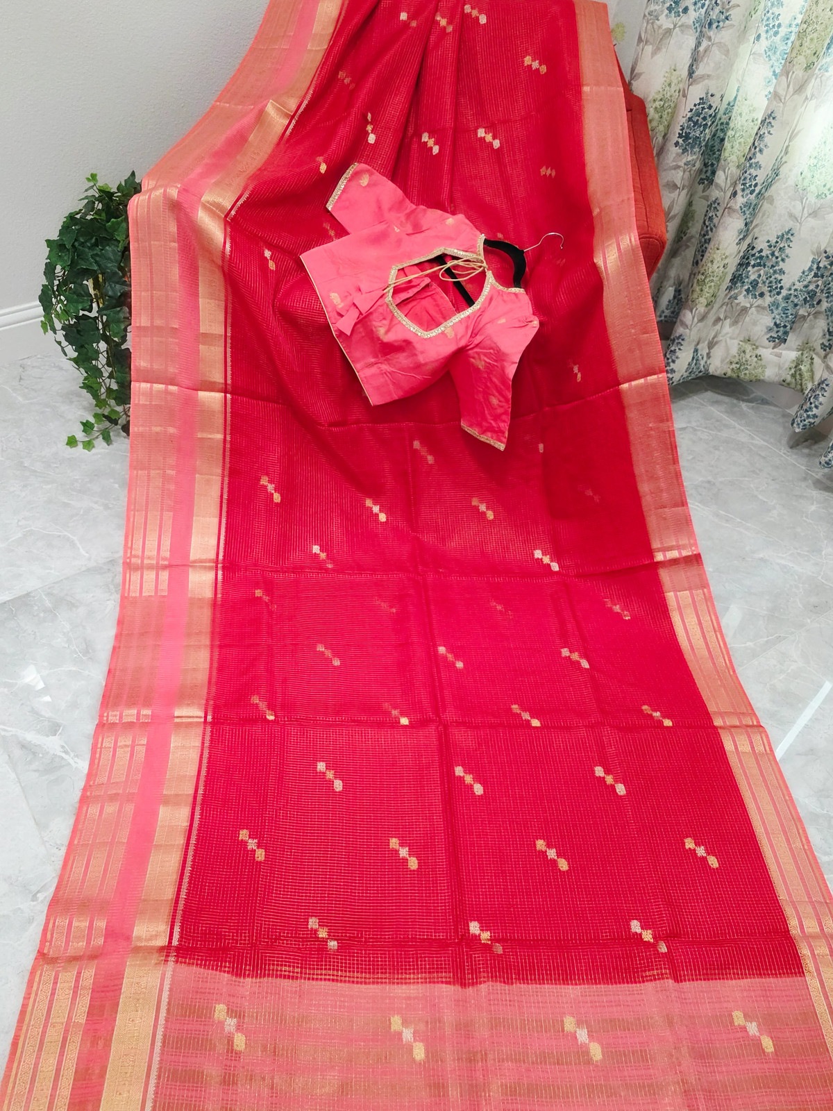 Ruby Red Russian Dola Crepe Silk Saree Elephant Butta Blouse 34-40