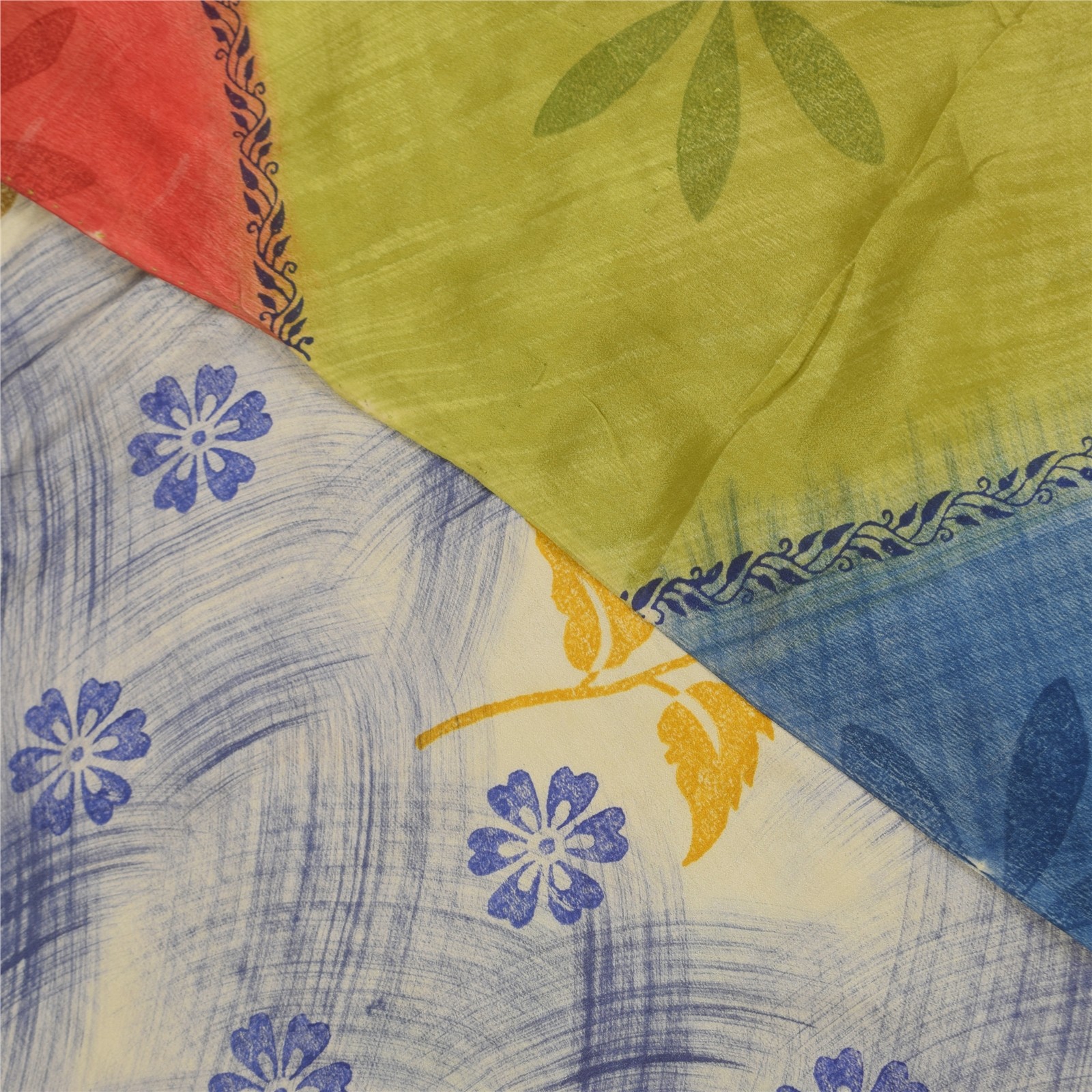 Sanskriti Vintage Saree Multicolor Pure Crepe Silk Print Sari 5.5Yd Craft Fabric