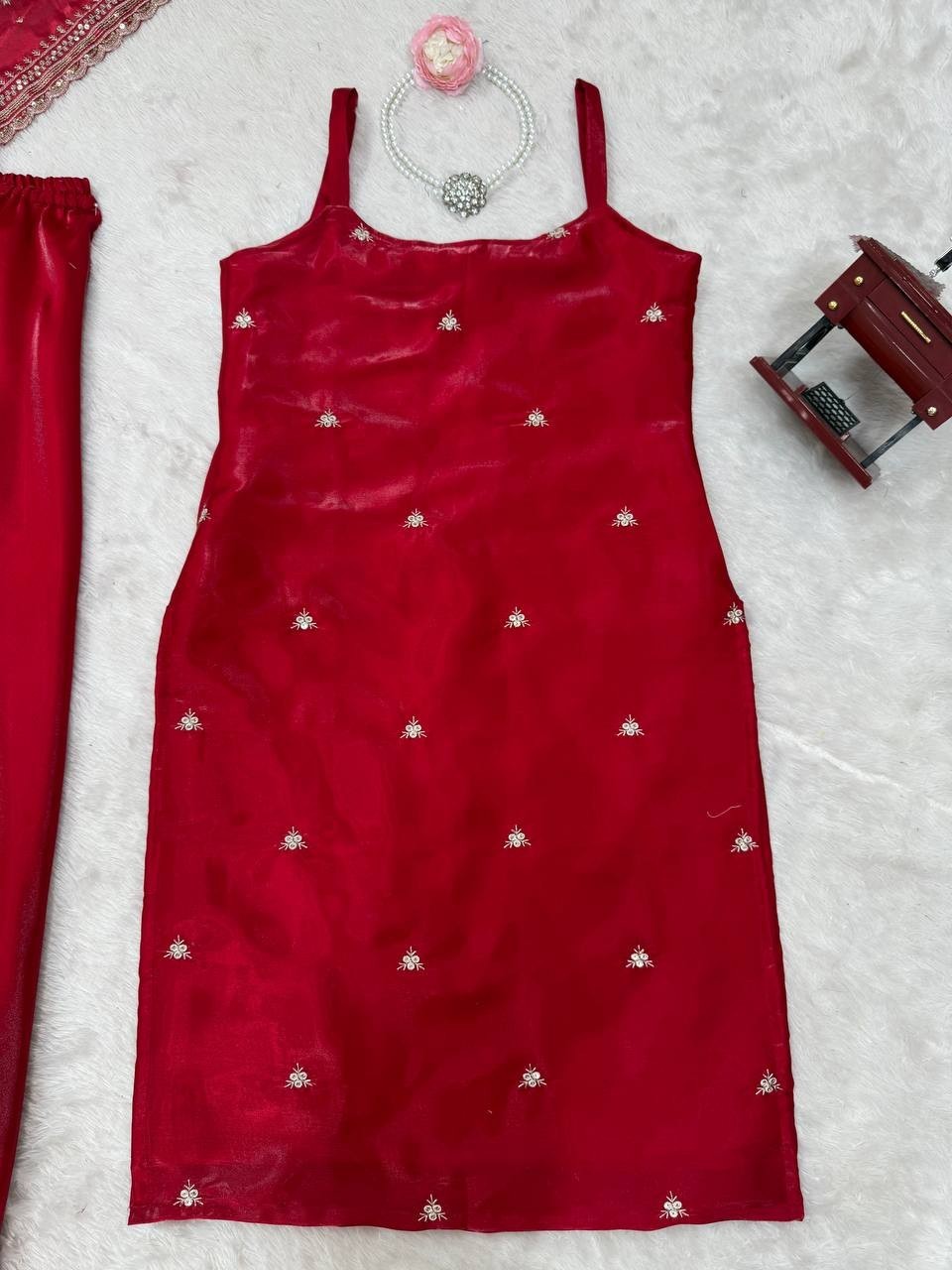 Stunning Look Gmy Silk Red Top Palazzo With Dupatta For Women Party Wear